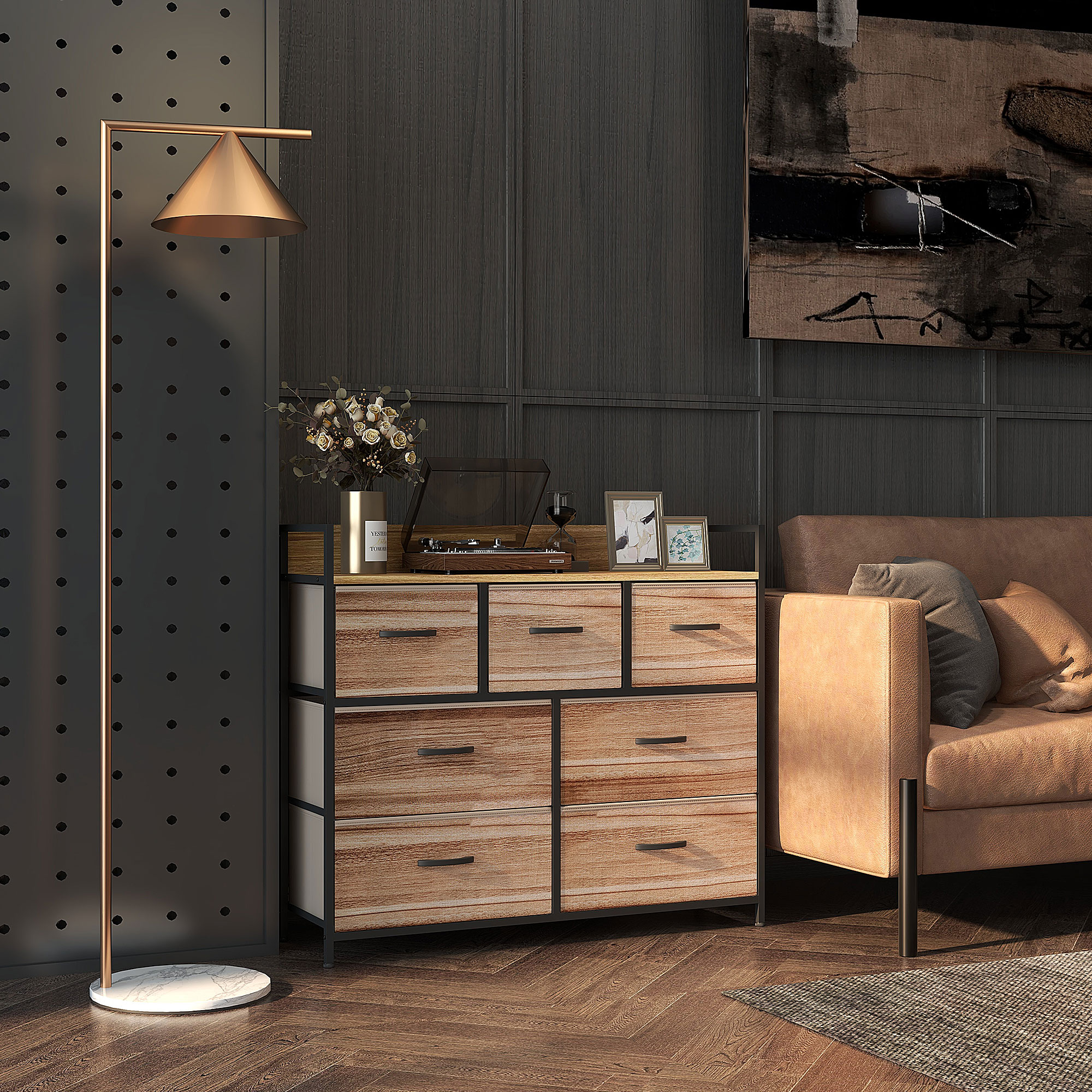 HOMCOM Kommode 7 Schubladen Aufbewahrungsschrank faltbarer Stoffschublade - schwarze Stahlstruktur - 98 x 29 x 85 cm
