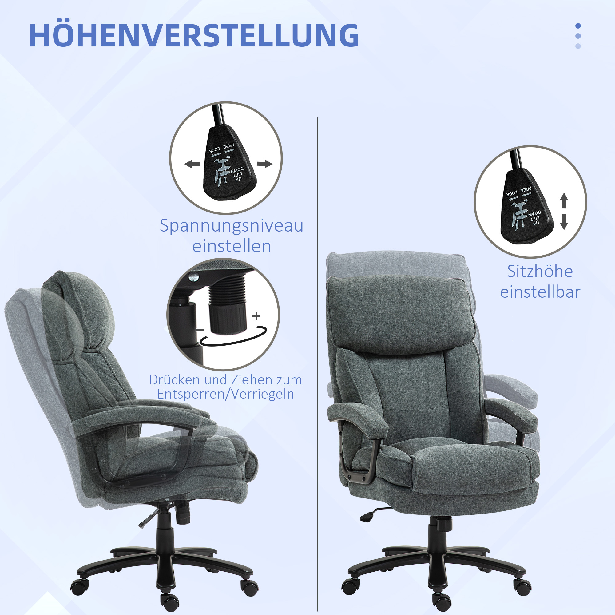 Grote Hoge Bureaustoel, 200 kg Draagcapaciteit, Robuuste Constructie, Zacht Bekleed, Grijs