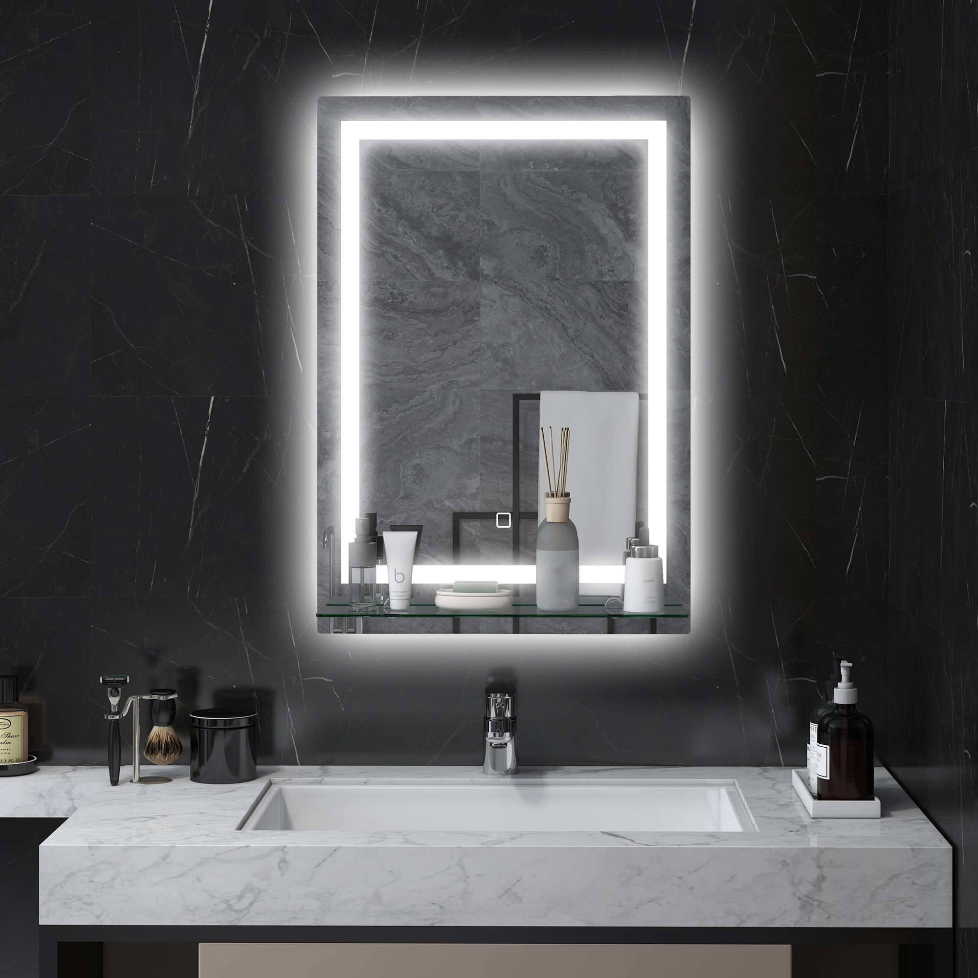 kleankin LED-Badspiegel, dimmbar, Anti-Beschlag, Touch-Schalter, Ablage, 50 x 70 cm, Silber