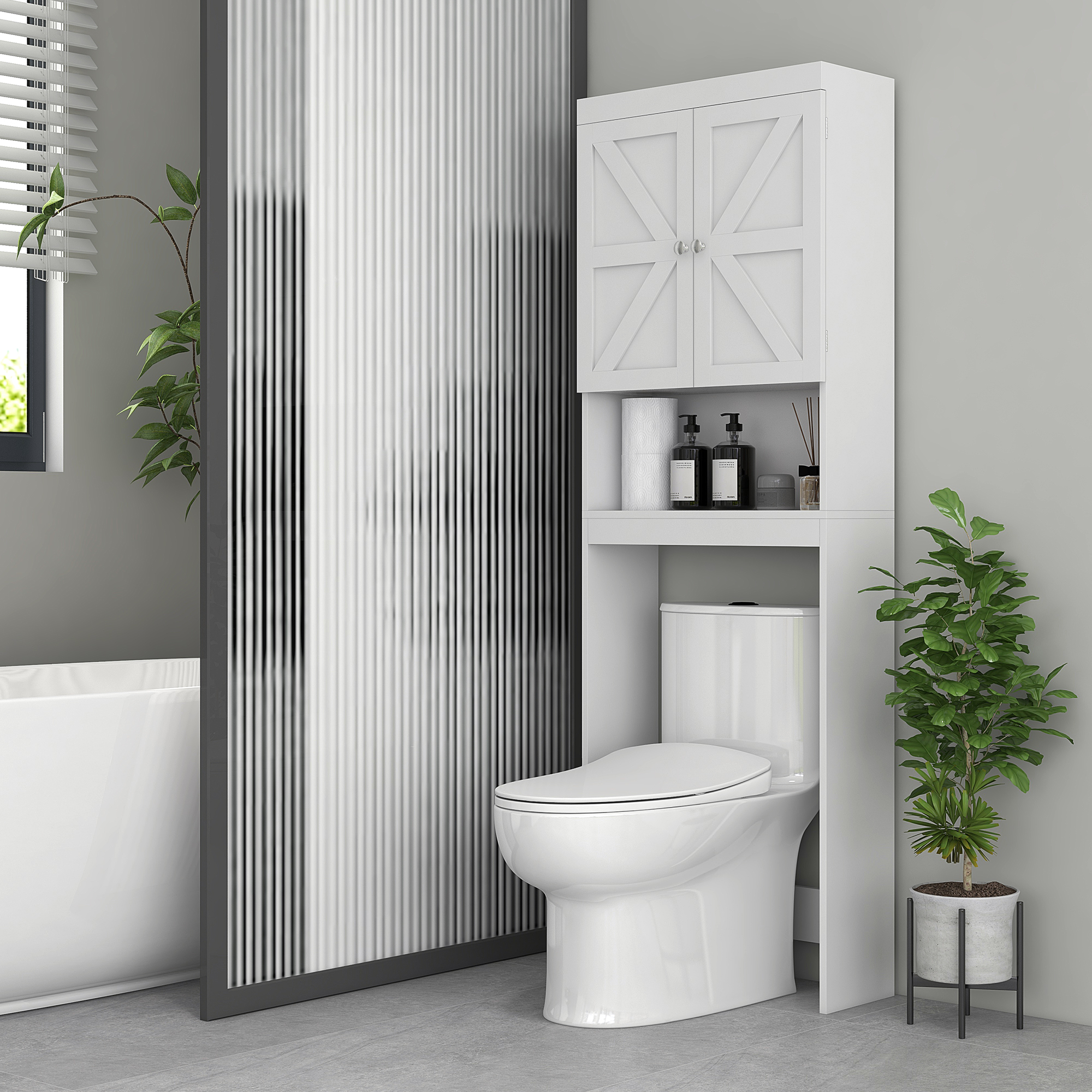HOMCOM Toilettenschrank, Badezimmer-Aufbewahrungsschrank mit 2 Türen Regal 58,5L x 23B x 170H cm weiß