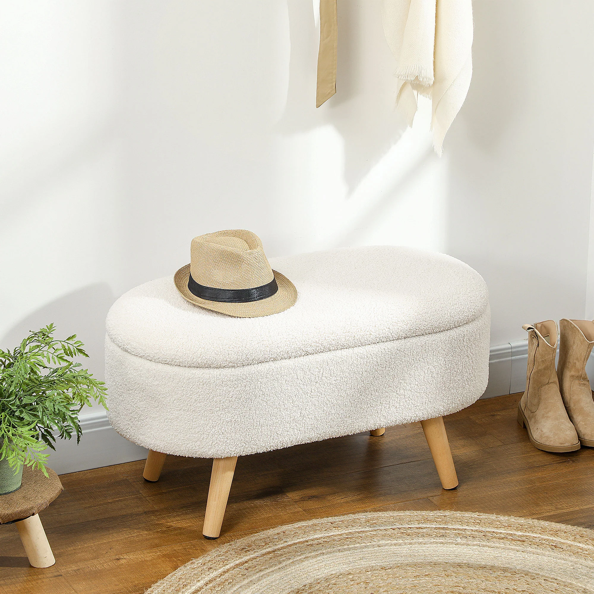 HOMCOM Zitbank met Opbergruimte en Deksel, Voethocker voor Hal, Woonkamer, Slaapkamer, Hout, Stoffen Bekleding, Wit