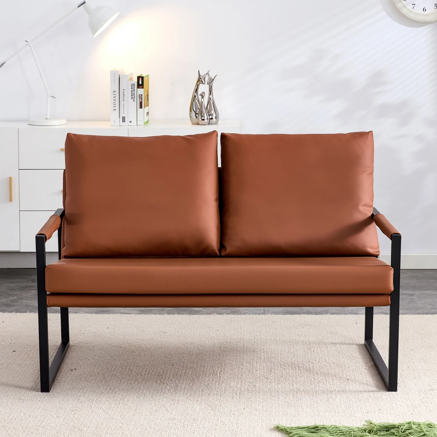 Brown Modern Two-Seater Sofa Chair by SF-D008 – PU Leather, High-Density Foam, Black Metal Frame, Includes 2 Pillows