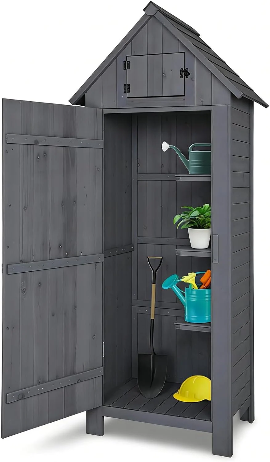 LEADZM Gartenschrank Holz für Außenbereich, 77 X 54 X 180 cm, geräteschuppen für Garten, gartenhaus Holz, Grau, 3 Regalböden, Terrasse