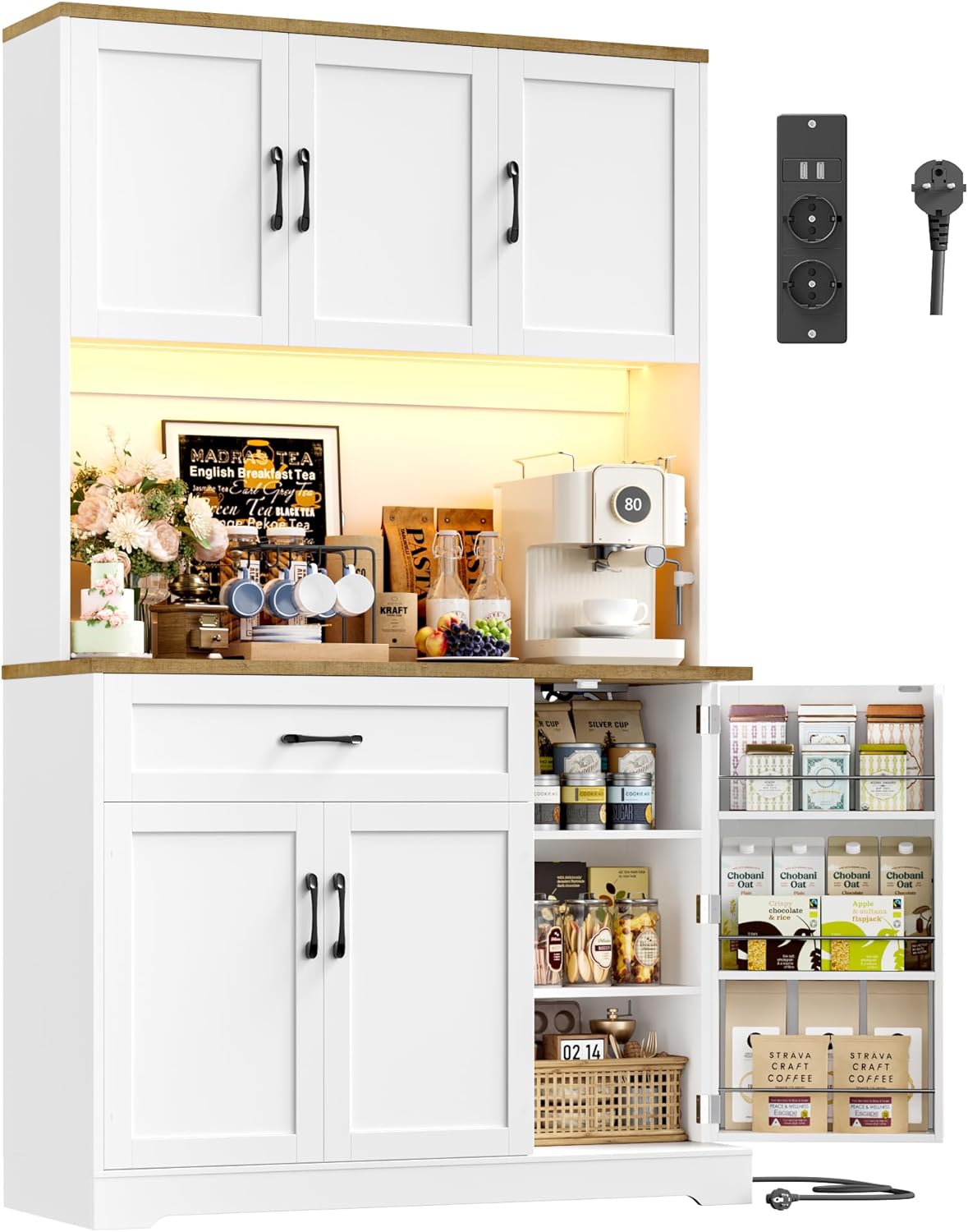 FirFurd 180cm Küchenschrank mit LED & Gewürzregal Buffetschrank Sideboard für Küche mit Steckdosenleiste Küchenschrank mit Arbeitsplatte Küchenbuffet Küchenmöbel 180x100x38cm weiß