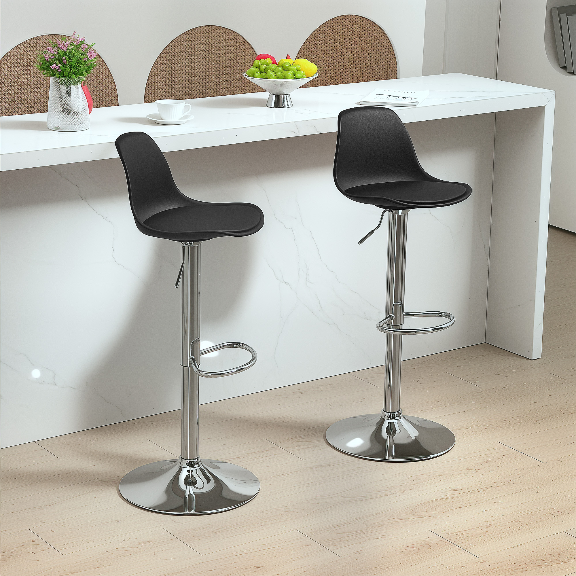 HOMCOM 2er-Set Barhocker, Barstühle, Drehstühle mit Lehne, höhenverstellbar, bis 120 kg belastbar, 42 x 38 x 82-104 cm, Schwarz