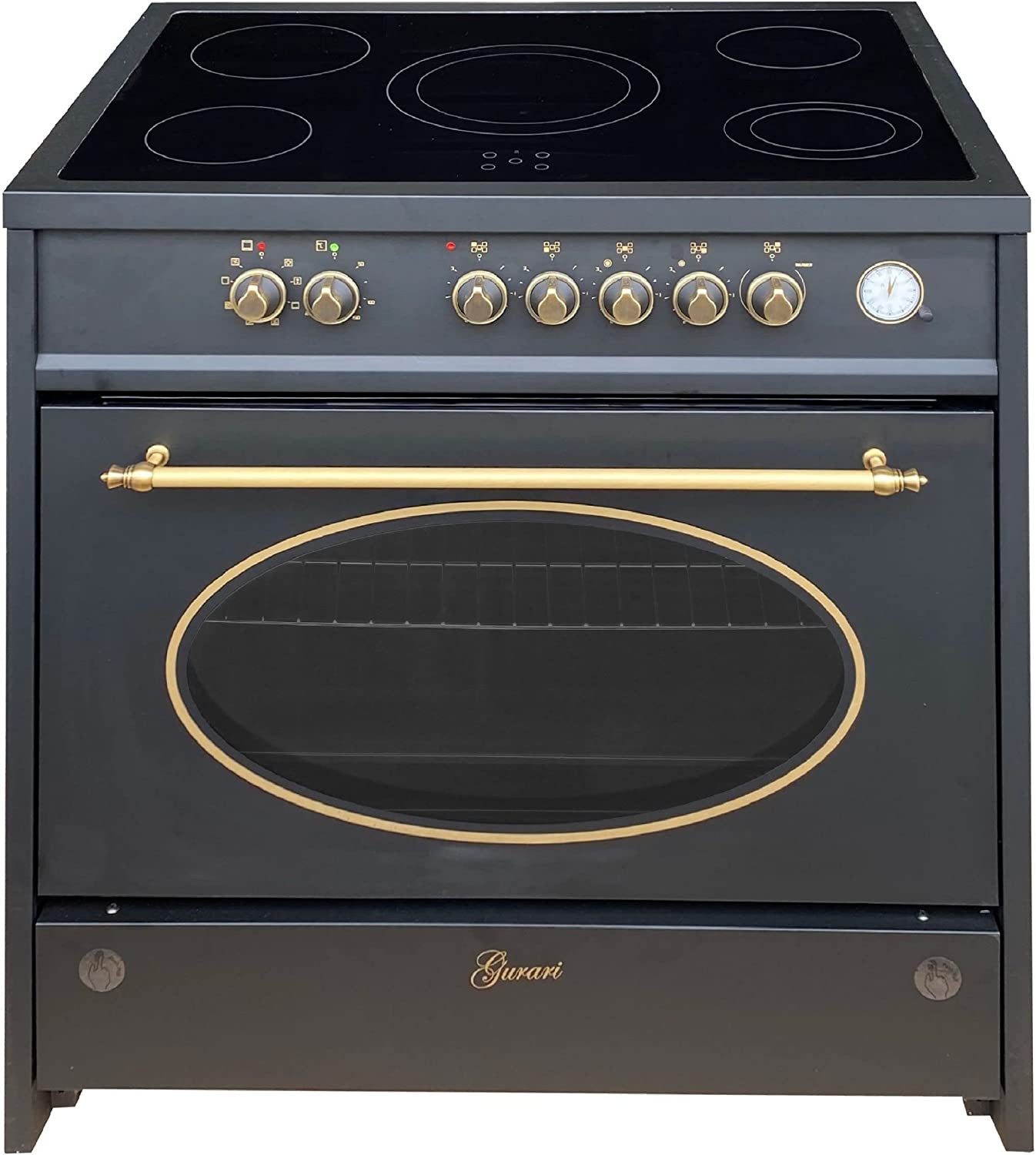 Elektro-Standherd Retro Glaskeramik Herd 90 cm in Schwarz Range Cooker XXL Backofen 121 L mit Kaufmann Dunstabzugshaube 1000 m³/h, 90 cm GCH E 912 Bl r+LUNA 90 BL