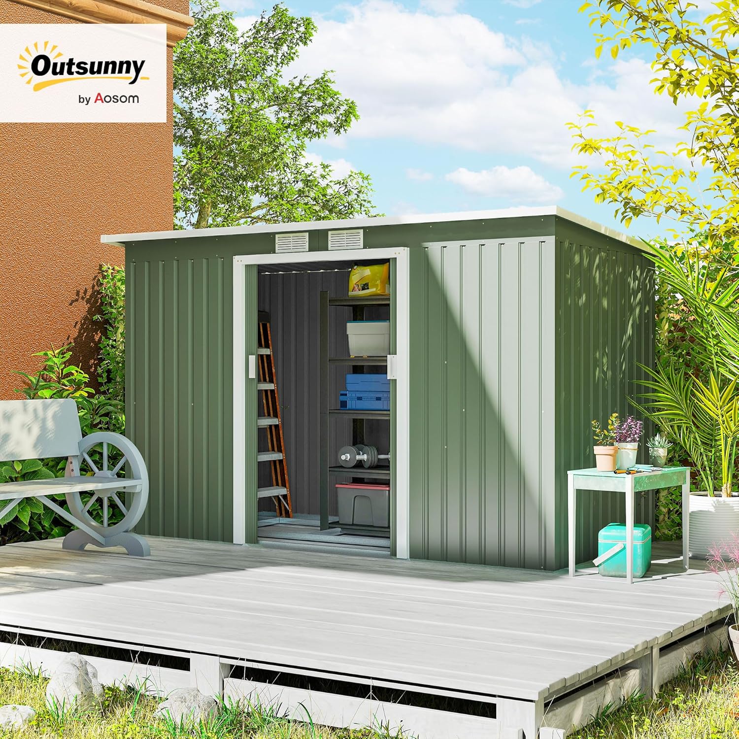Outsunny Casetta da Giardino 3.2m² in Acciaio Zincato con Kit Fondazione, Prese d'Aria, Capanno Porta Attrezzi con Tetto Inclinato, Doppia Porta Scorrevole Bloccabile, Verde Chiaro