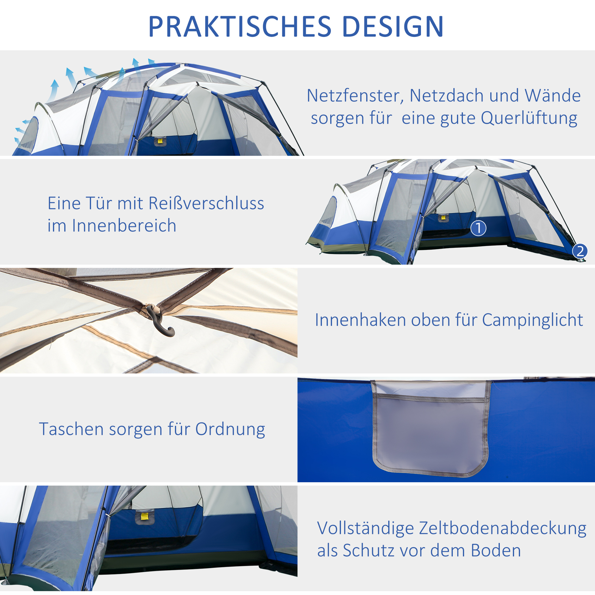 Camping Tent 6-8 Persoons Familietent met Vestibule Glasvezel Blauw