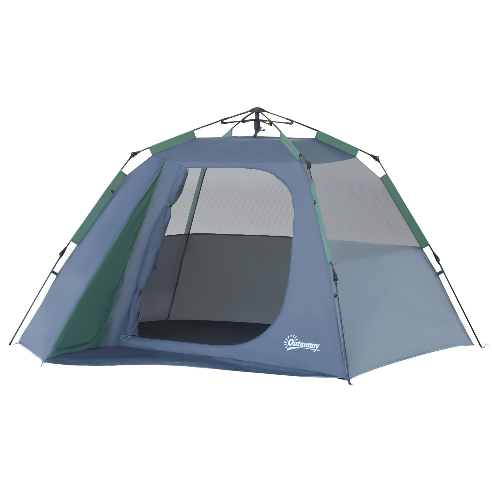 Outsunny Pop-up-Campingzelt Familienzelt für 3 Personen wasserdicht leicht belüftet leicht aufzubauen große Tür + 4 Fenster Maße 2,5L x 1,94B x 1,6H m Fiberglas Polyester Oxford Blau Grün