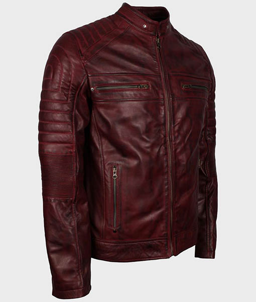 Mens Vintage Cafe Racer Maroon Waxed Leather Jacket