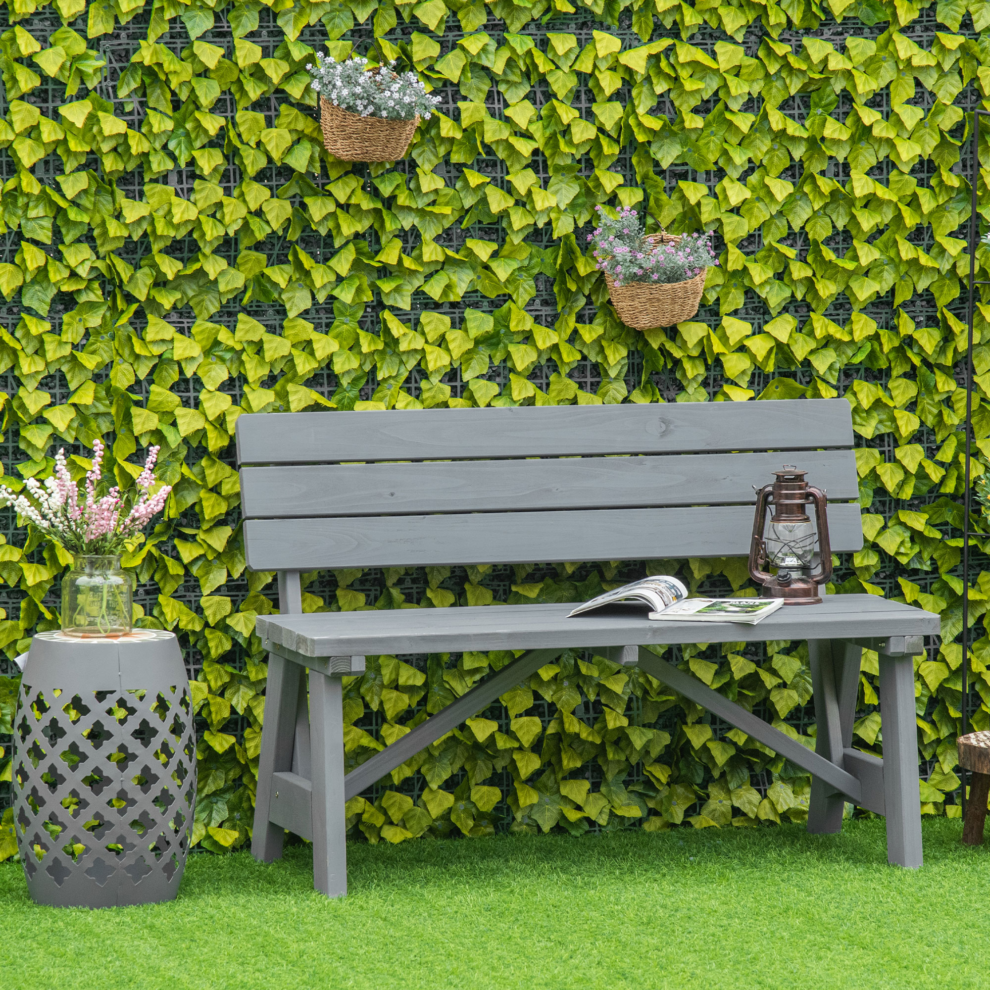 Outsunny 2-Sitzer Gartenbank Holz, wetterfest Sitzbank, UV-Beständig Gartenmöbel mit Rückenlehnen 116 x 56 x 80 cm, Grau