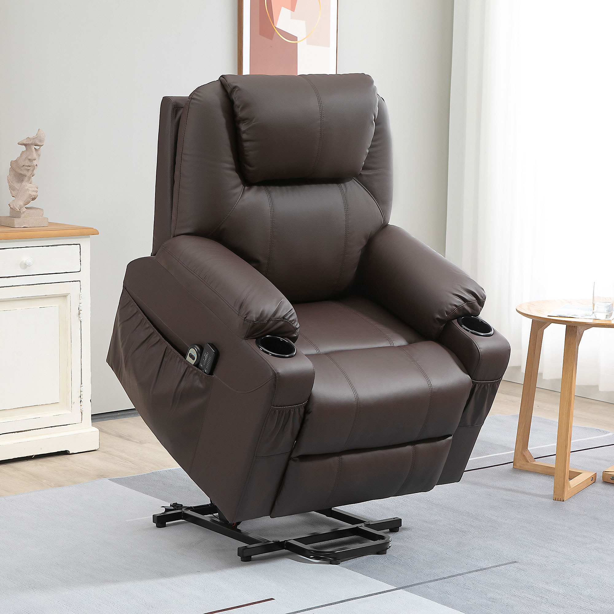 HOMCOM Massagesessel mit Aufstehhilfe, Liegefunktion, Kunstleder, bis 150 kg, 88 x 99 x 106 cm, Braun