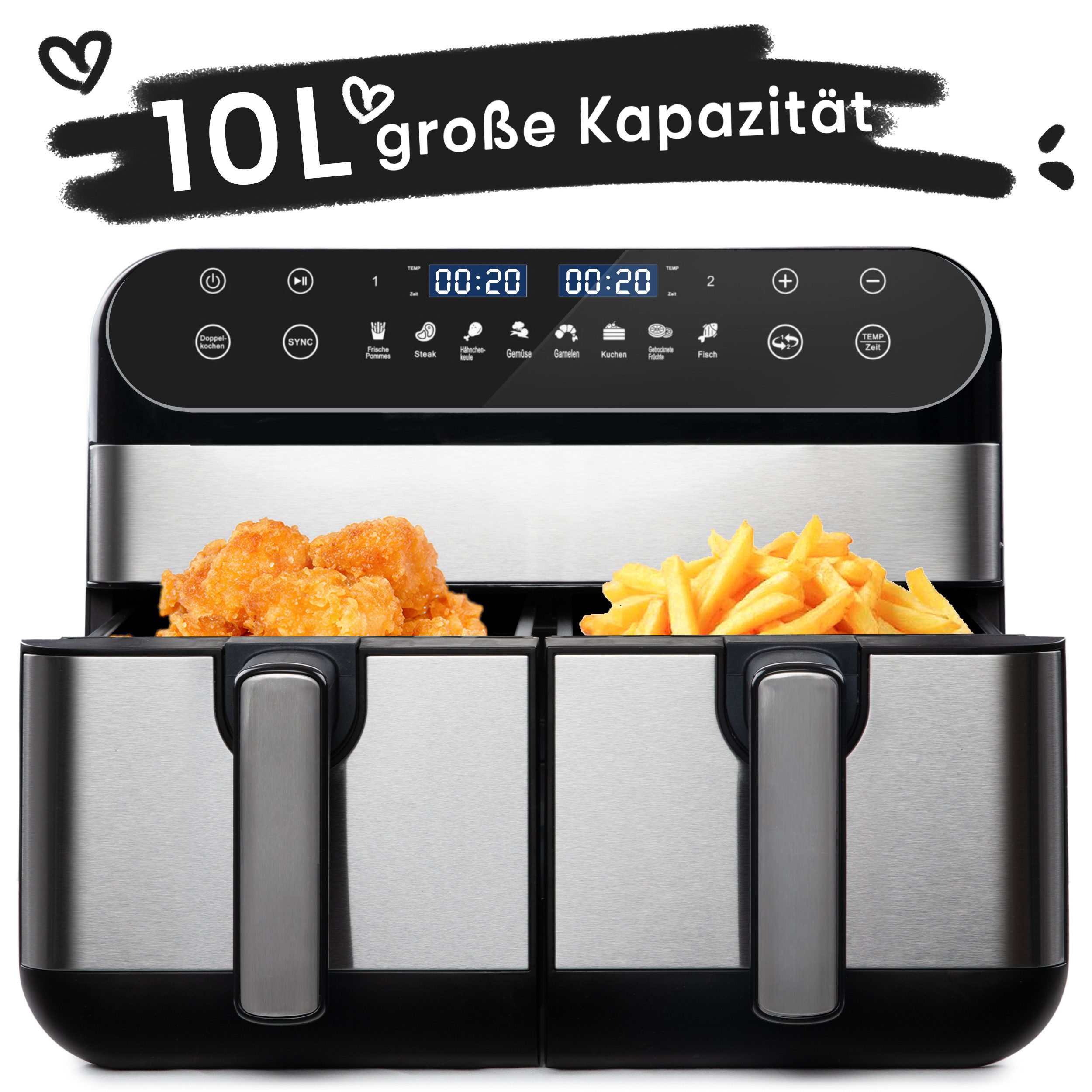 Heißluftfritteuse 10 L Dual-Zonen Airfryer mit 2400 W – Touch-LED & 8 Kochprogramme