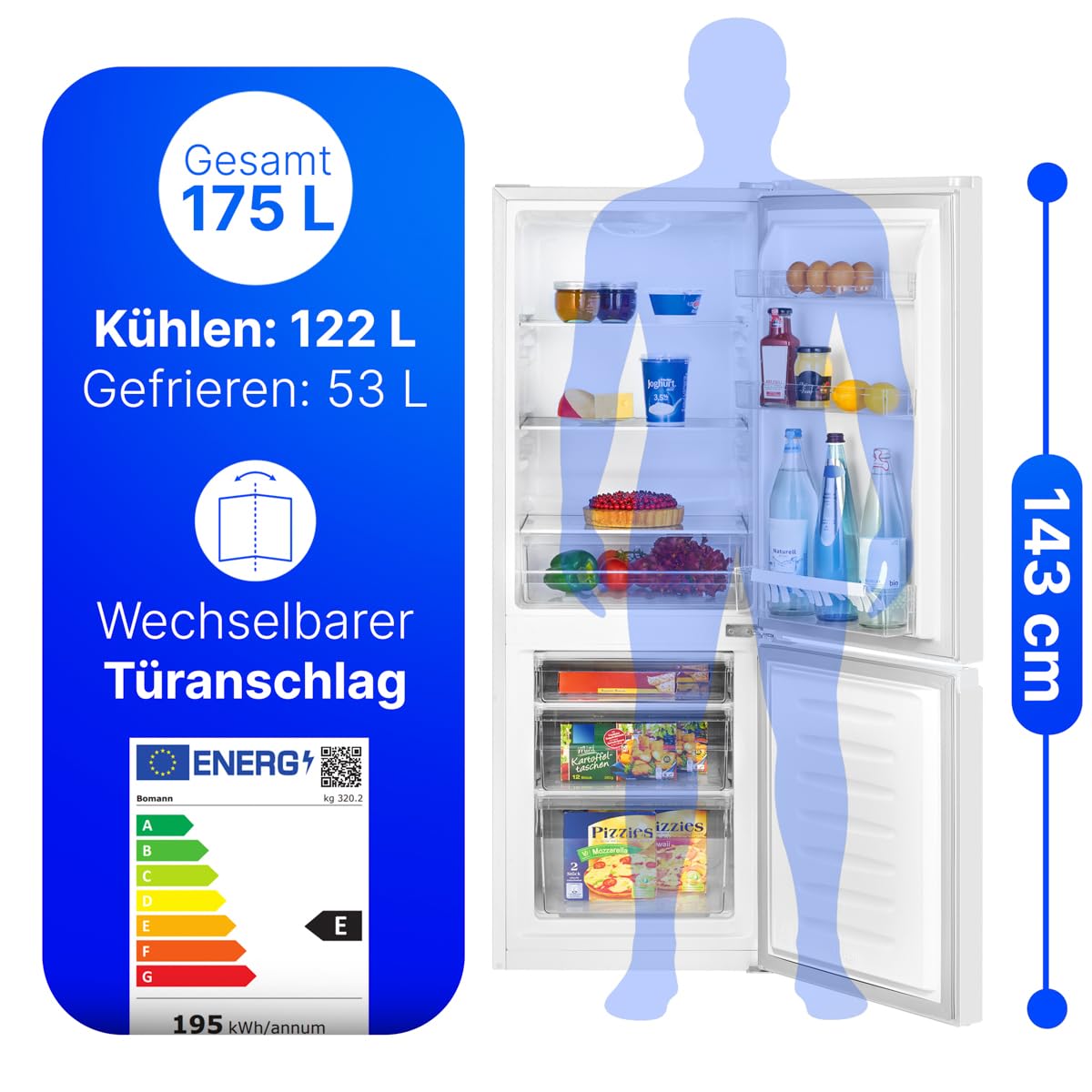 Bomann Kühlgefrierkombination 175L Energieklasse E 143cm 39 dB Türanschlag wechselbar weiß KG 320.2