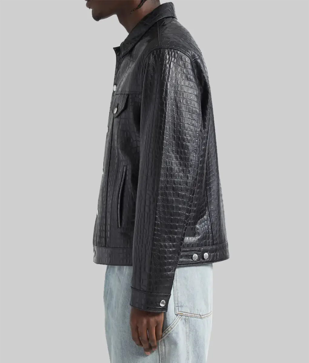 Archer Black Crocodile Pattern Leather Trucker Jacket