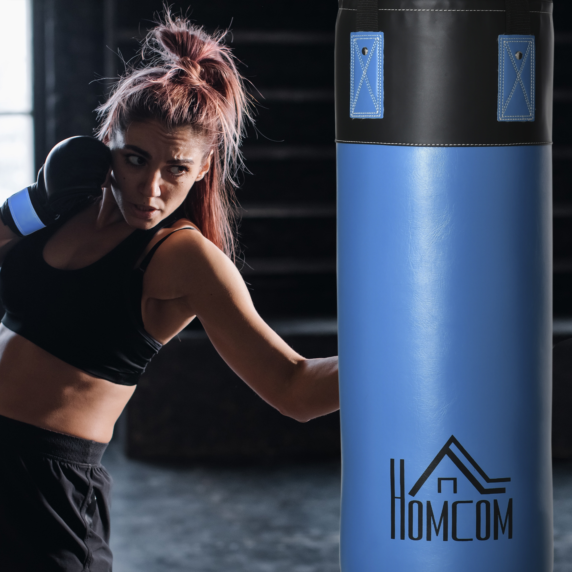 HOMCOM Boxsack-Set Box-Set mit Boxhandschuhen Gefüllt Boxset für Erwachsene Jugendlichen bis 100 KG Belastbar Ø25 x 102 cm Blau