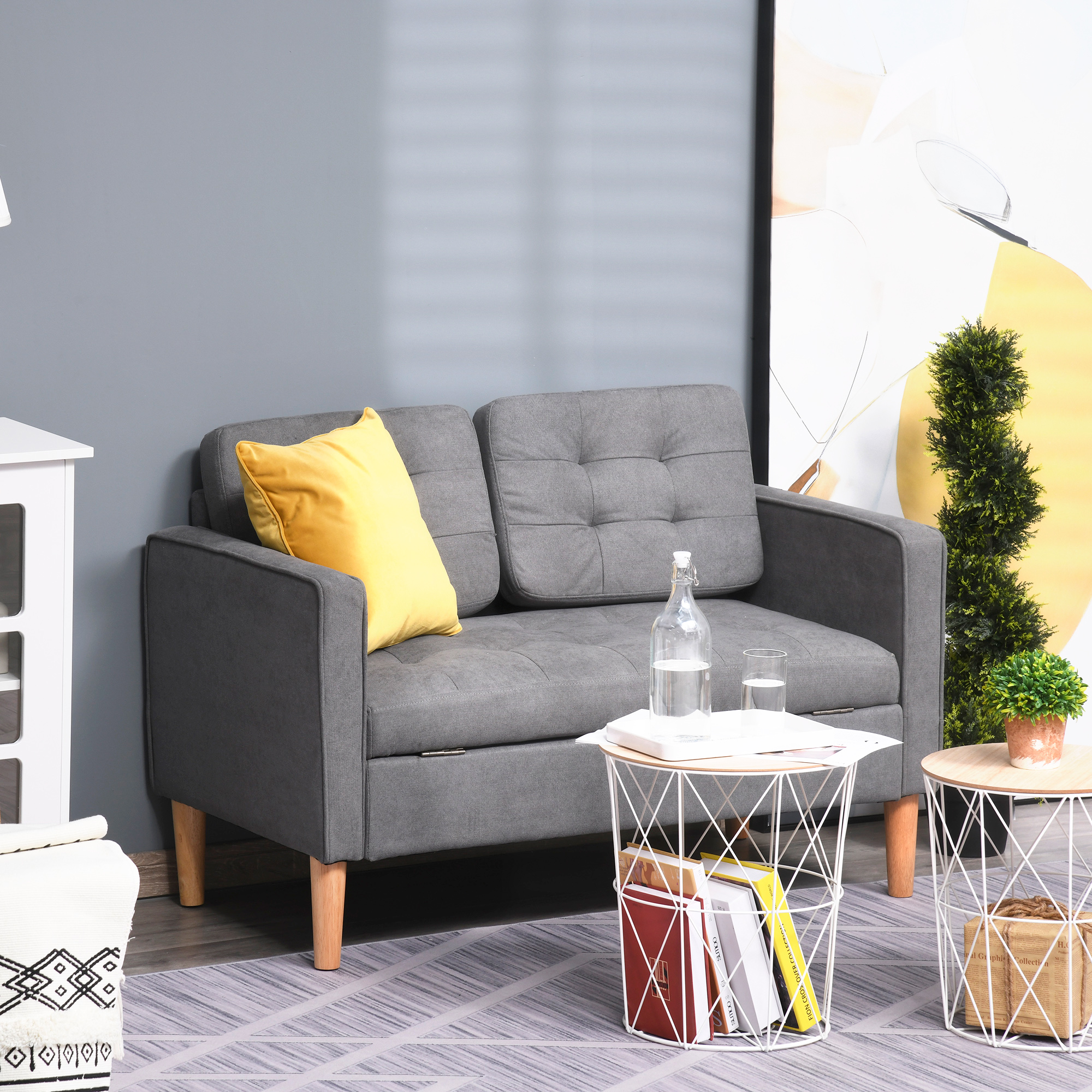 HOMCOM 2 Sitzer Sofa, Couch mit Stauraum, Holzbeine, Gepolsterter Polstersofa mit Samtoptik für Wohnzimmer, Schlafzimmer, 117x 62 x 78 cm, Grau