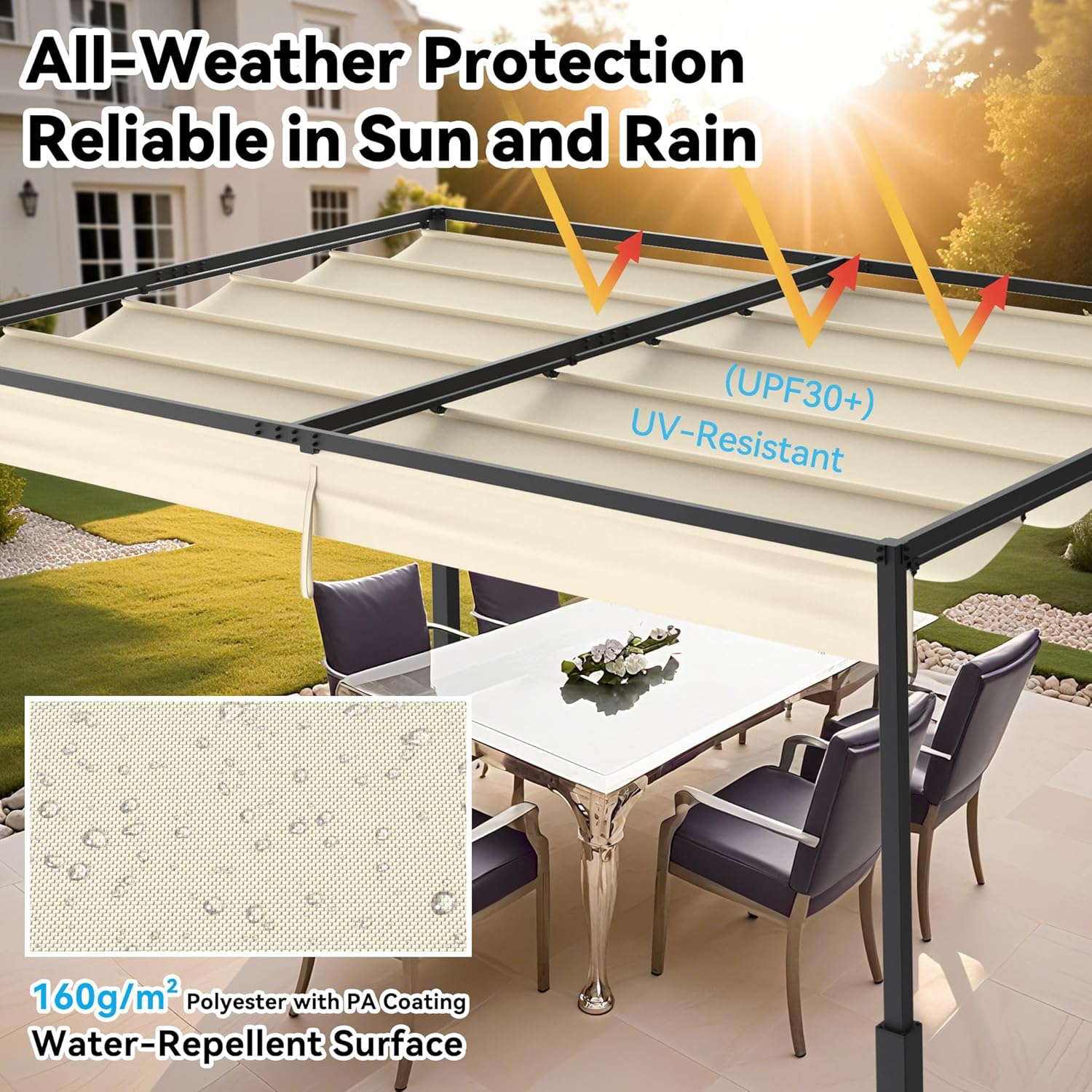 3x4m Pergola, Sturdy Metal Frame, Garden Gazebo with Sunroof and Sun Protection, Retractable Solar Tent for Garden, Terrace and Balcony (Beige)