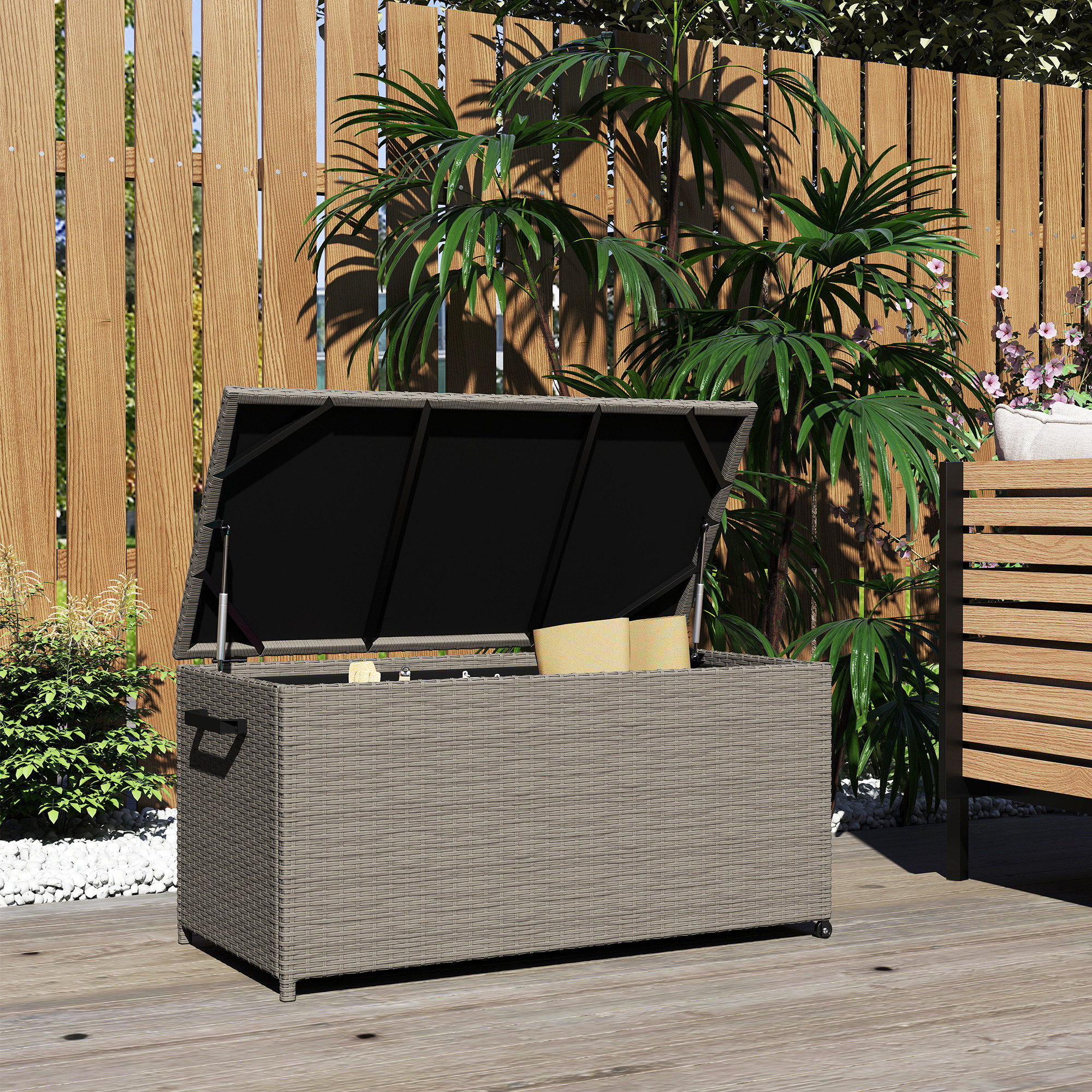 Outsunny Garten-Aufbewahrungsbox aus wetterbeständigem Polyrattan, Auflagenbox im Freien 184 L Gasdruckfedern, UV-beständig 102x52x52cm Grau