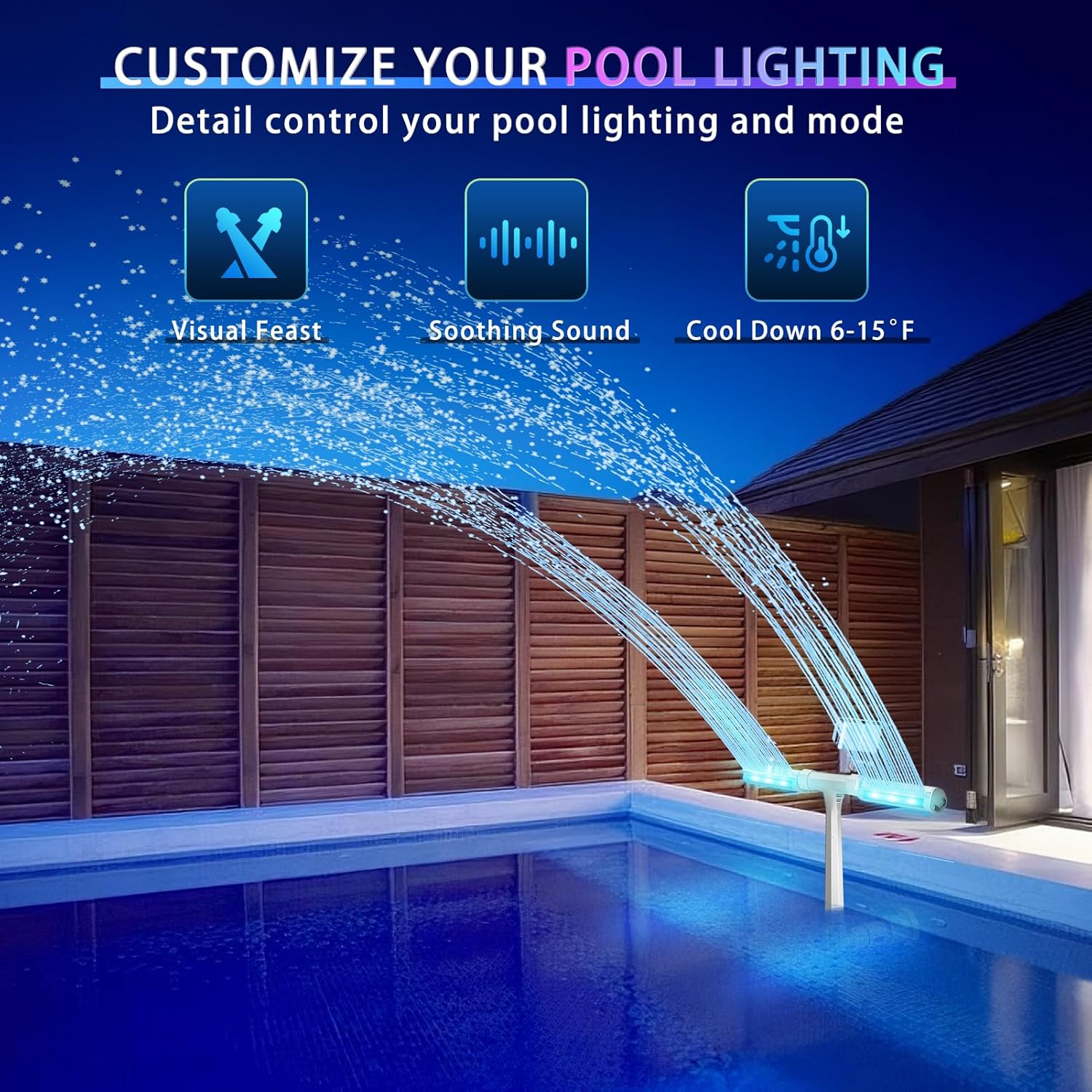 Poolbrunnen 16-farbige LED-Lichter, 12 Modi, oberirdischer Poolbrunnen mit APP-Fernbedienung, Poolsprinkler zur Entspannung, oberirdisches Pool-Kühlsystem