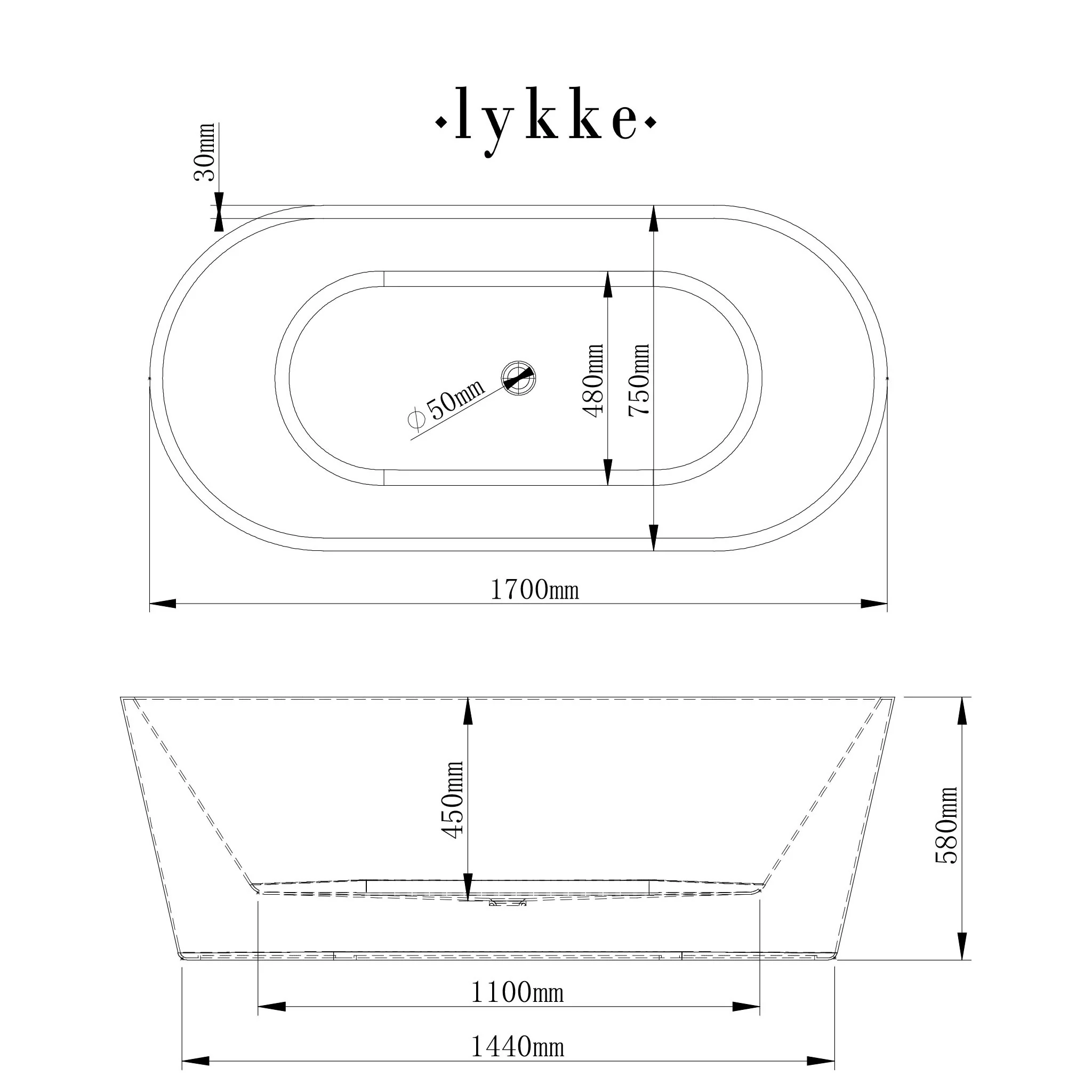 Lykke Badewanne Polar Deluxe 1700x750x580mm, wei