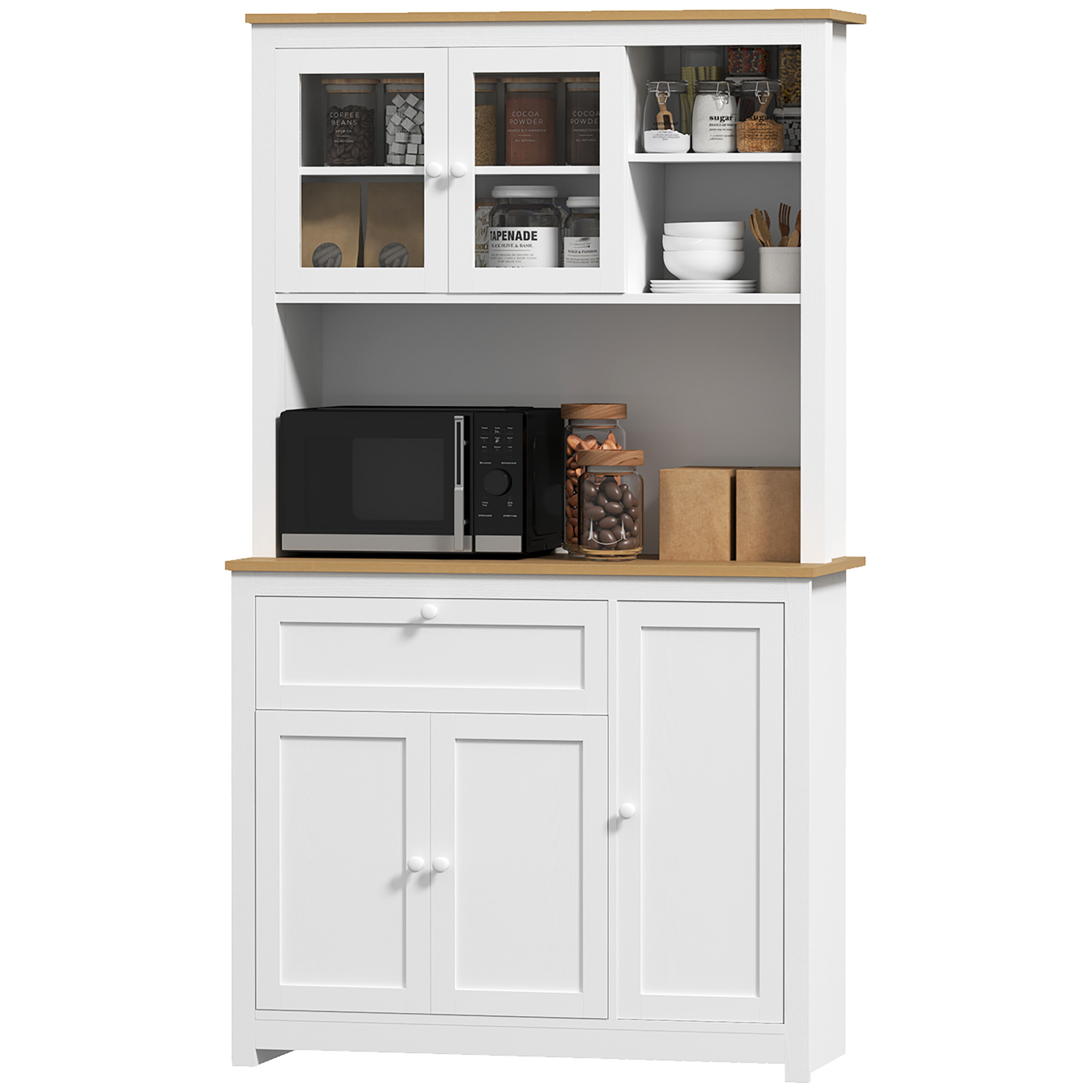 HOMCOM Landhuisstijl Keukenkast, 1 Vitrine, 1 Open Schap, 1 Lade, 2 Kasten, Natuur + Wit