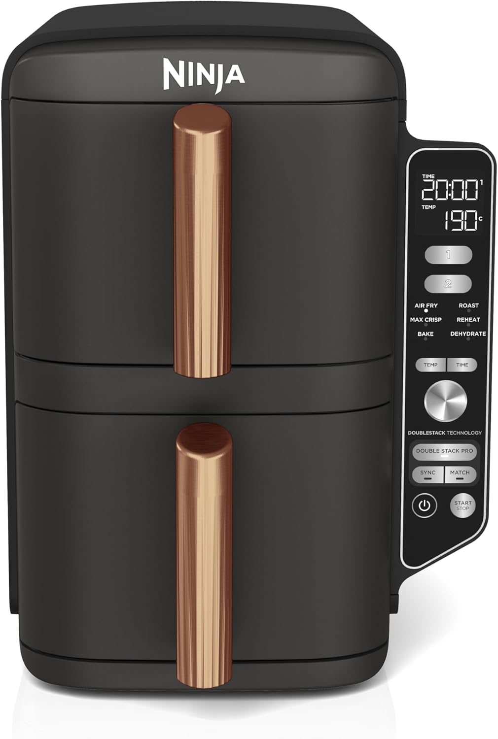 Ninja Double Stack XL Friggitrice ad Aria Verticale, Doppia Zona, 4 Livelli, 2 Scomparti, 2 Griglie, Capienza 9.5L, 6 Funzioni, 8 Porzioni, Parti Lavabili in Lavastoviglie, Pinze, Nero/Rame, SL400EUCP