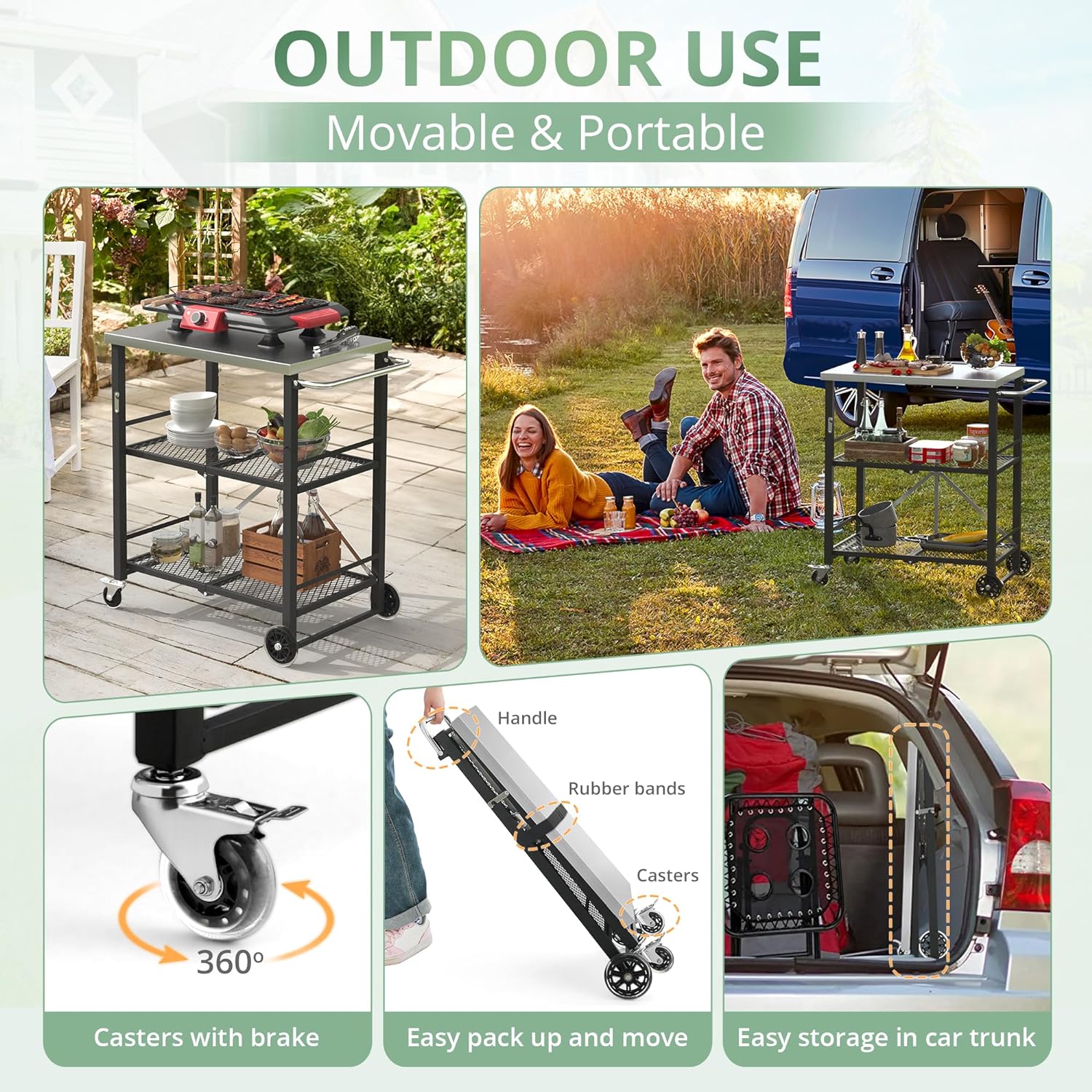 Foldable Outdoor Grill Cart with Total Lock Casters   Stainless Steel Pizza Oven Stand