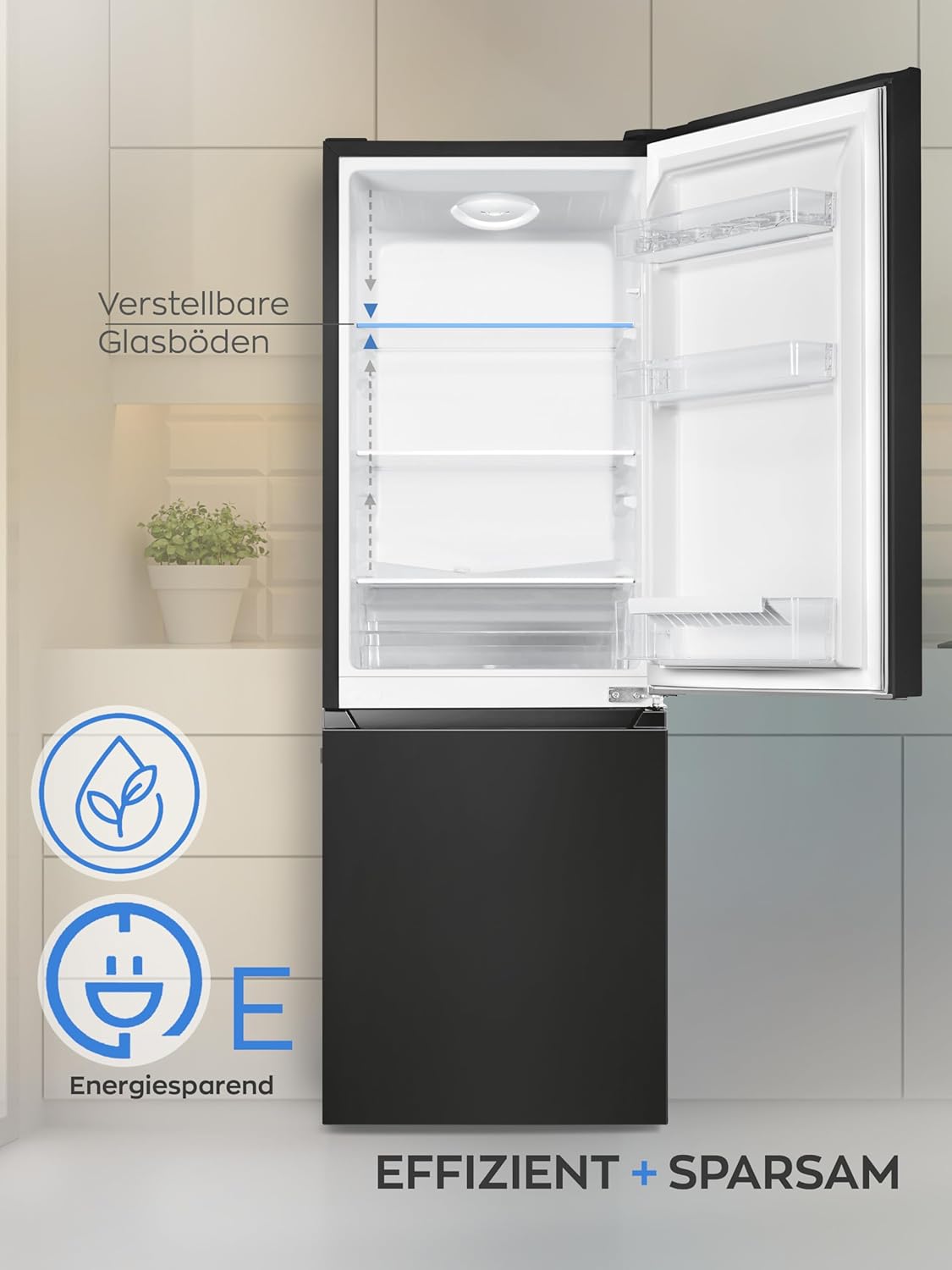 Heinrichs Fridge Freezer Combination 175 Litres, Cooling Volume 122 L, Freezer 53 L, LED Interior Lighting, Fridge Door Hinge, Changeable, Quiet 39 dB, Large Freezer Boxes, 7 Temperature Levels, inox