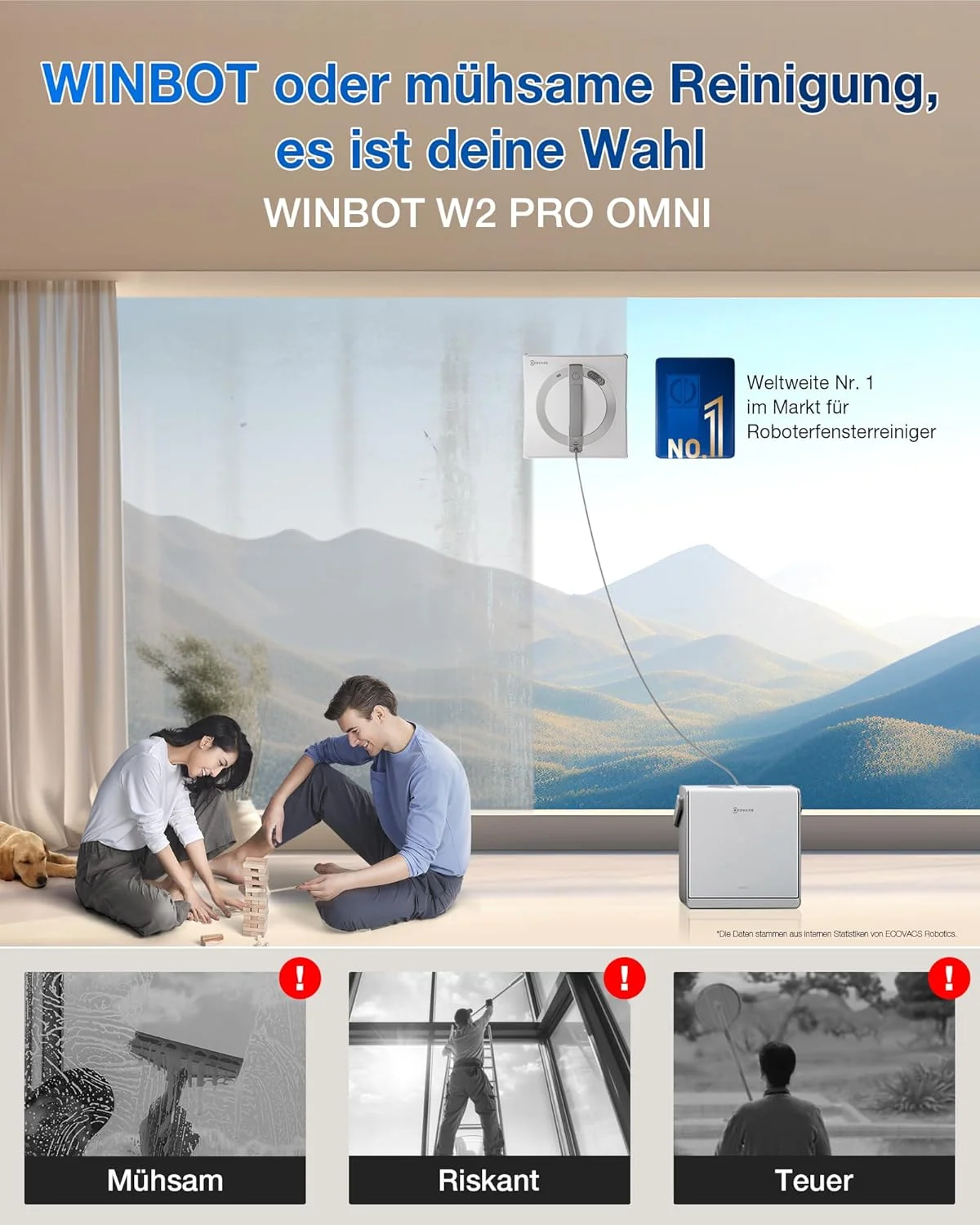 ECOVACS WINBOT W2 PRO Omni Fensterputzroboter mit 6-in-1 Multifunktionsstation, Aufladen im Betrieb, 3-Düsen-Sprühkopf, 12-Stufen-Schutz, Win-SLAM 4.0 Pfadplanung, Weiß