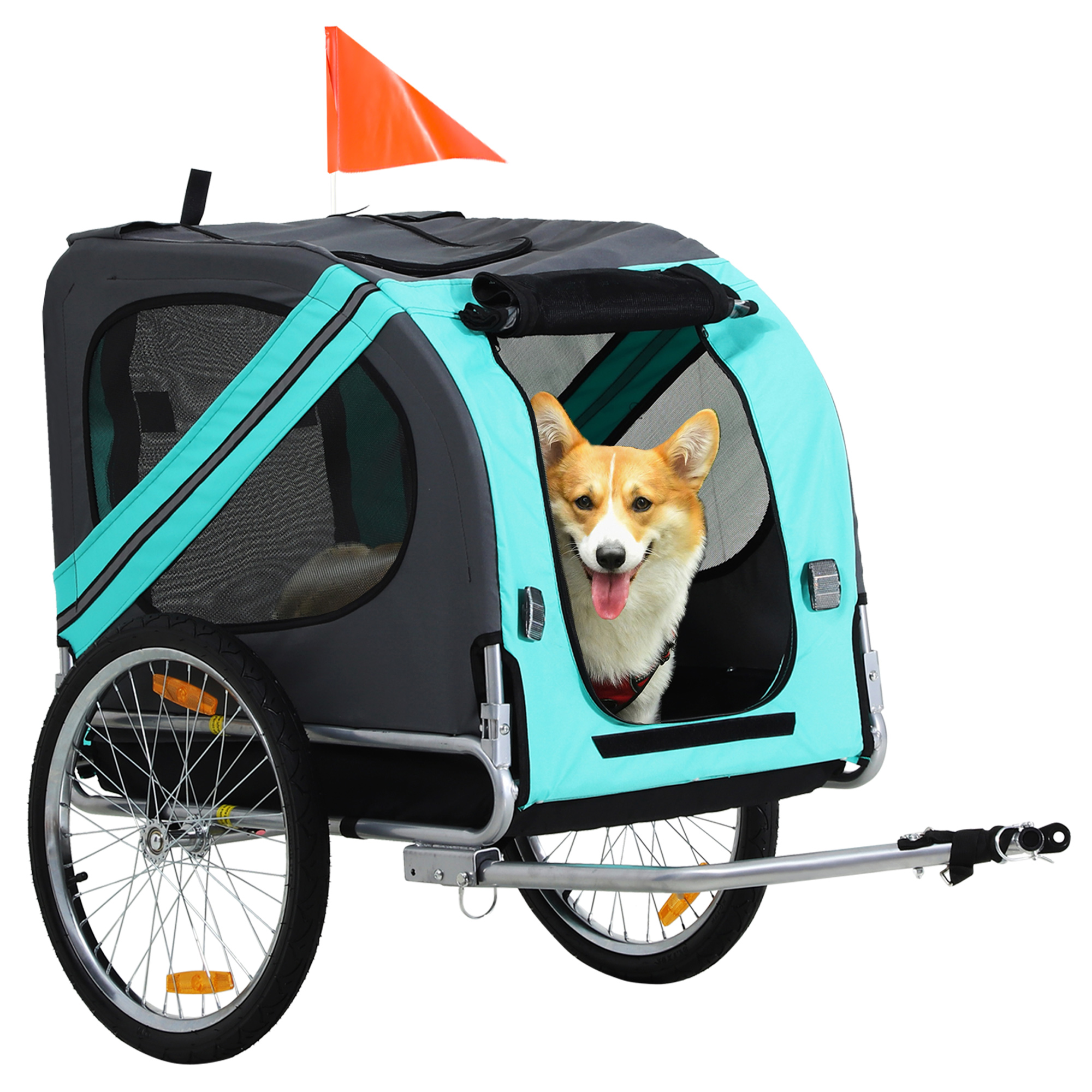 PawHut Haustieranhänger Hundeanhänger Fahrradanhänger bis 20kg klappbar Reflektor Regenschutz Stahl Grau + Grün 130 x 73 x 90cm