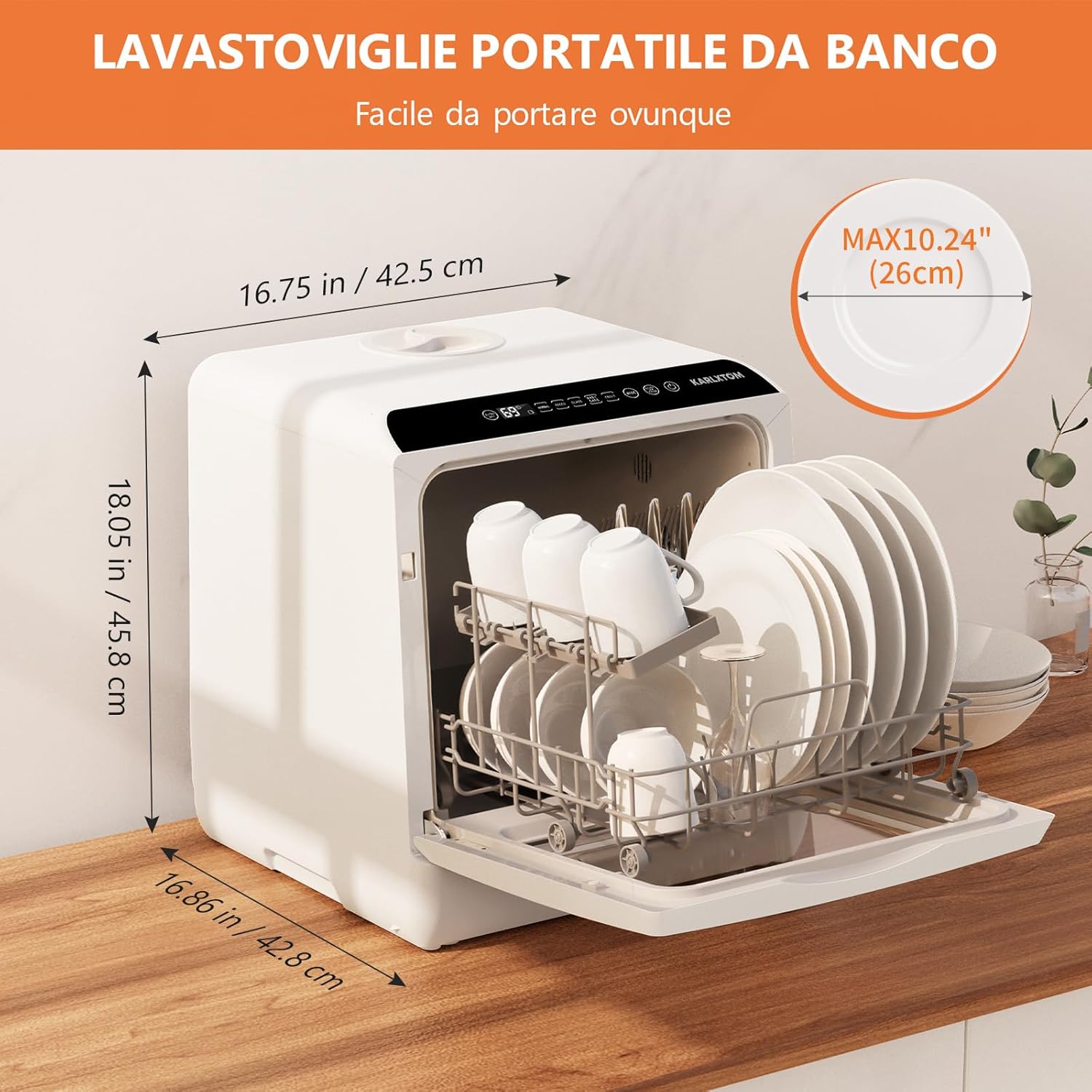 Karlxtom Lavastoviglie portatile, Lavastoviglie Piccola da Appoggio con Doppia Modalità di Alimentazione Dell'acqua, Lavaggio a 360°, 6 Programmi, Controllo touch, Display a LED, Bianca
