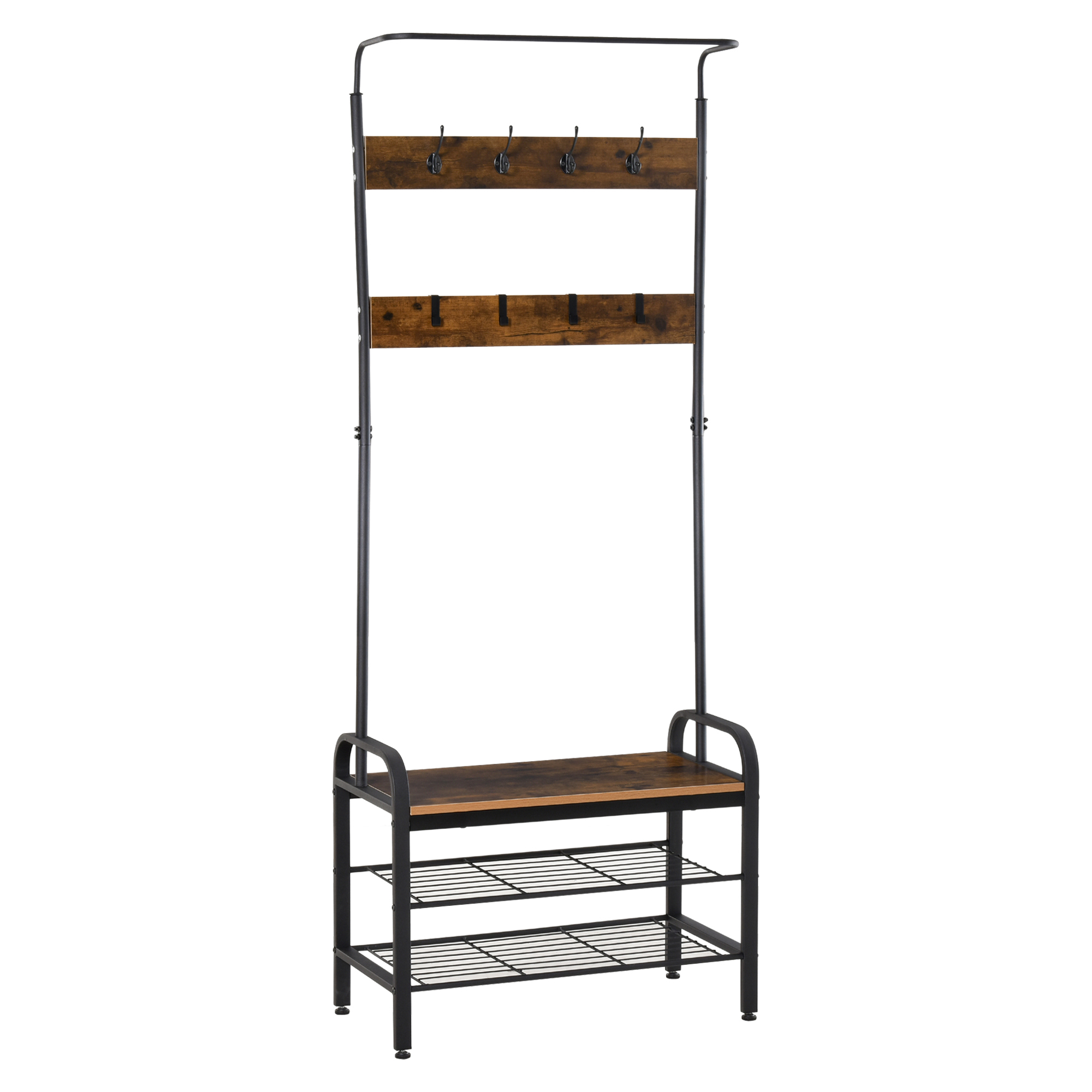 HOMCOM Garderobenständer Schuhregal Kleiderständer mit 8 Haken 2 Ablagen MDF Schwarz 72 x 34 x 185 cm