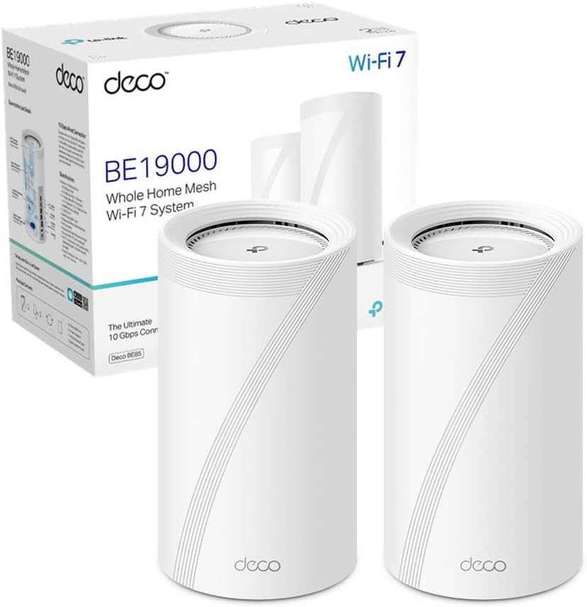 TP-Link WiFi 7 Deco BE85(2-pack) Router Mesh WiFi, BE19000Mbps Tri-Band, Canali 320 MHz, Porta 10Gbps Combinata Ethernet/Fibra, Ripetitore, Alexa, Funziona con Qualsiasi ISP e Modem, 2 Pacchi