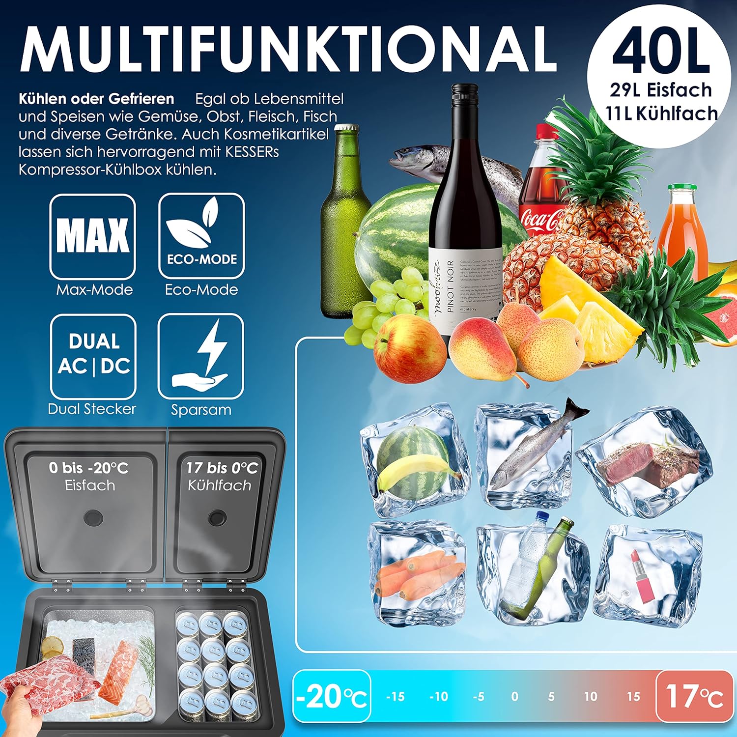 KESSER® Kompressor Kühlbox 2in1 Doppelzone Kühl & Gefrierfach elektrische Gefrierbox mit 2x Kühlakkus & LED-Touch-Bedienung | Kühlschrank Kühlung bis -20 °C für Camping, Auto, Lkw 12/24V 230V