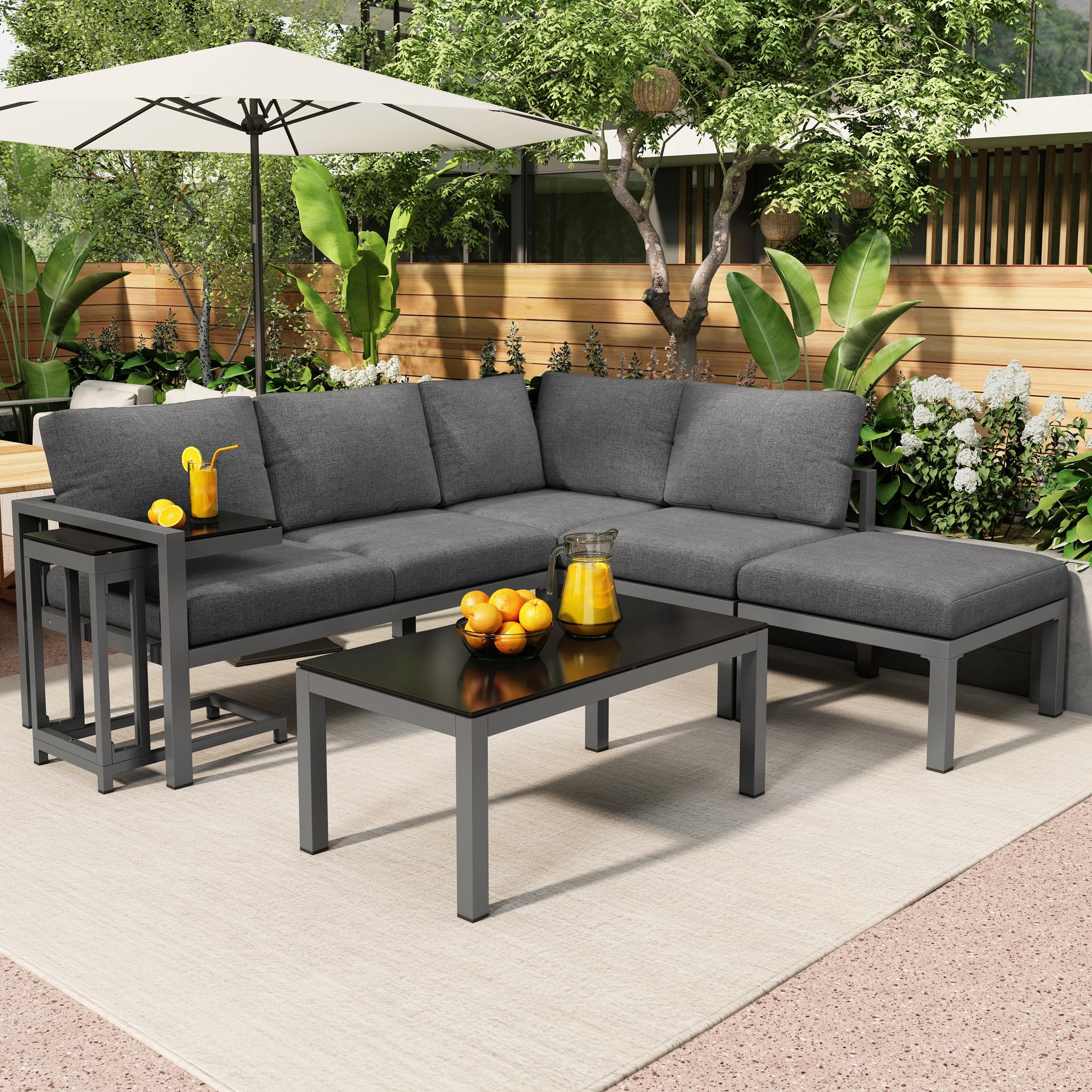 Garten-Loungesessel-Set für 4-5 Personen, Gartenmöbel-Set mit Beistell- und Couchtisch, 5-teilig, Grau