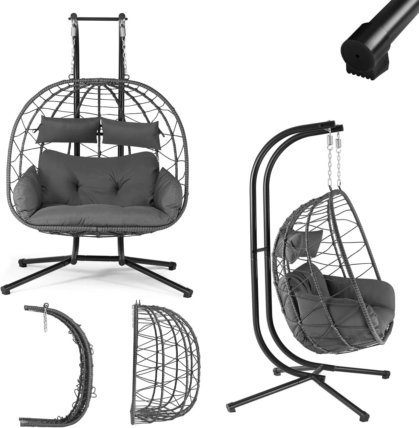 Hängesessel Juskys, Grau, Doppel Aria - Polyrattan mit Gestell & Kissen - Schaukel