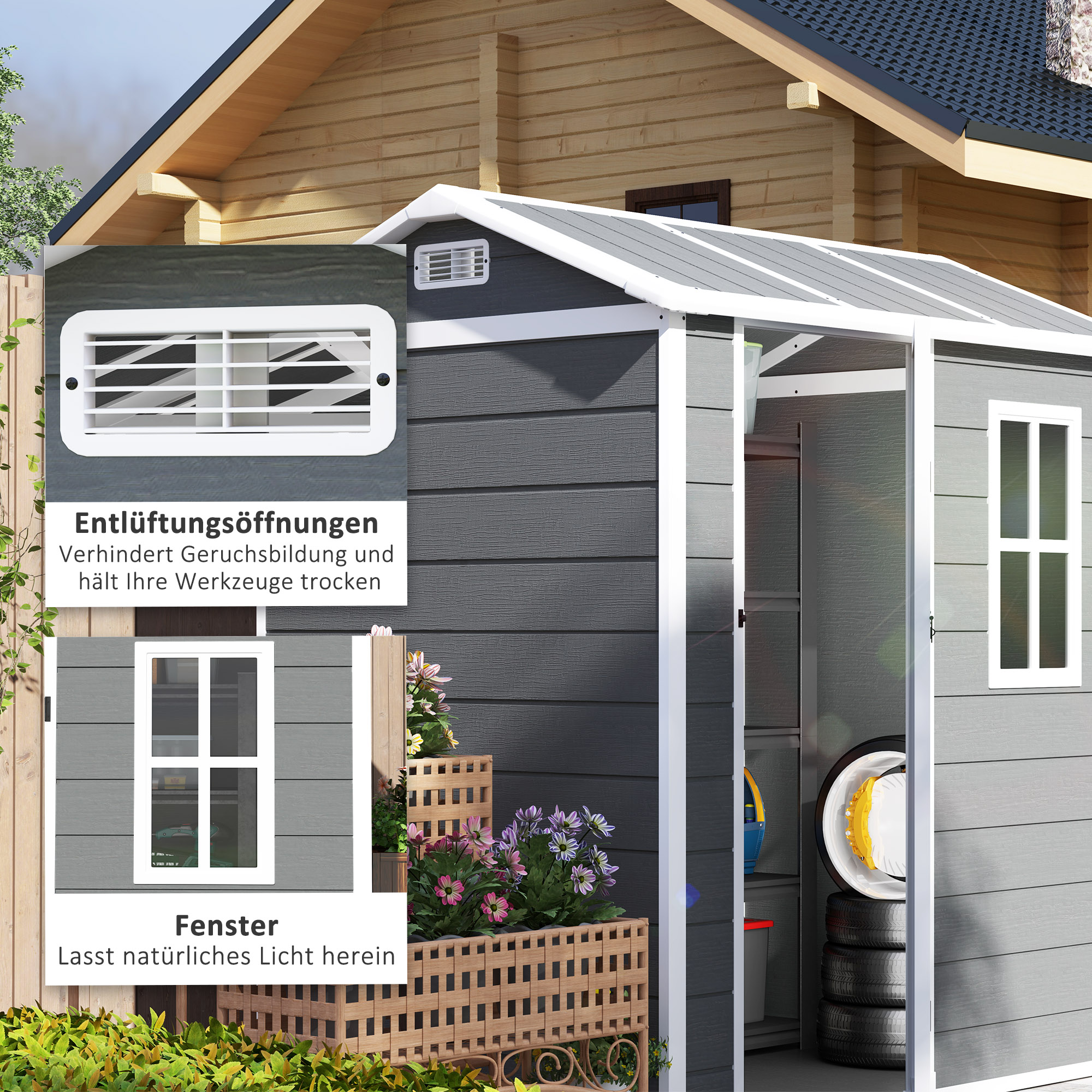 Outsunny Tuinhuis, Gereedschapsschuur met Bodem, Raam, Afsluitbare Deur, Kunststof-Harz, Weerbestendig, Grijs
