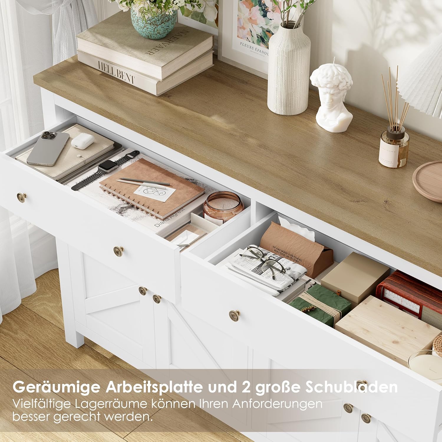 FirFurd Sideboard 140cm Breit Küchenschrank mit Arbeitsplatte Buffetschrank mit 2 Schubladen 4 Türen Küchenbuffet mit verstellbaren Ablagen für Wohnzimmer Küche Esszimmer 140x40x89 cm weiß