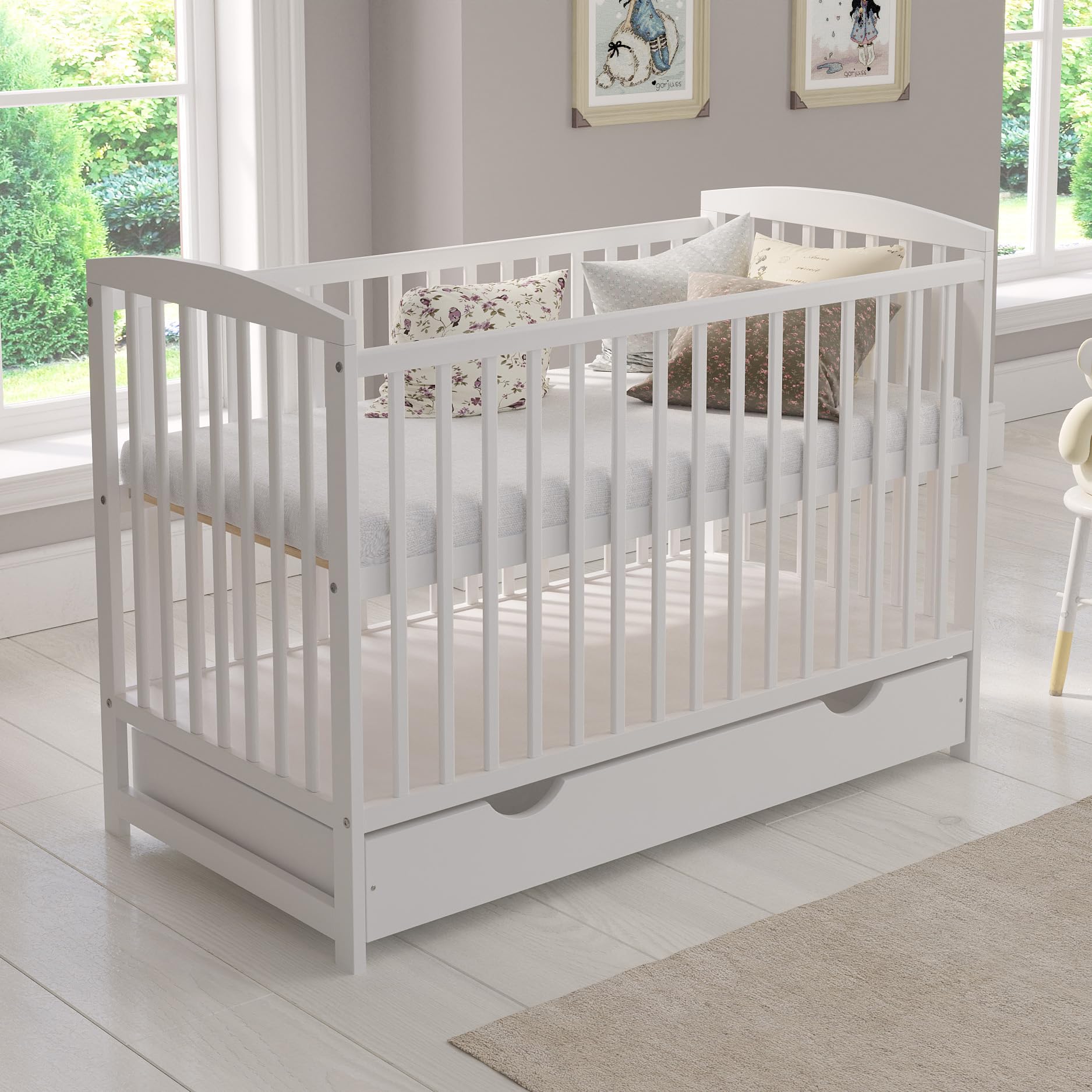 Love For Sleep Babybett 120x60 cm Beistellbett mit Schublade und Matratze Mitwachsendes Gitterbett aus Holz
