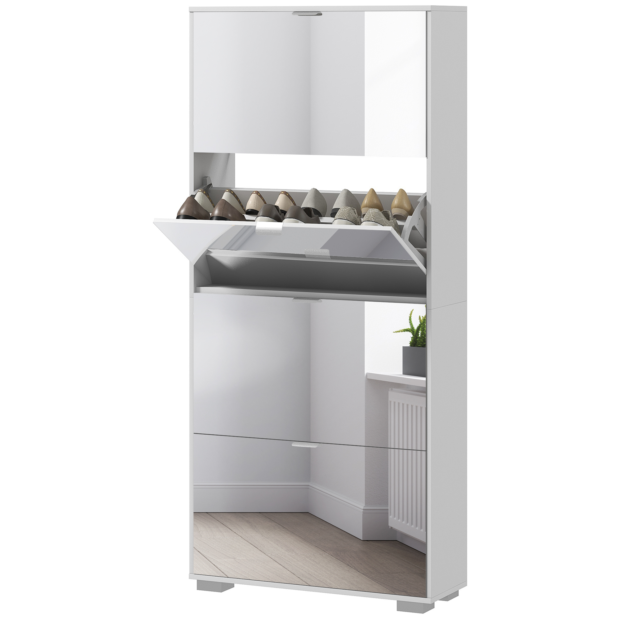 HOMCOM Schuhschrank 2 in 1 Spiegelfronten 4 klapptüren, verstellbare Regale, bis zu 24 Paare, 76B x 26T x 168H cm