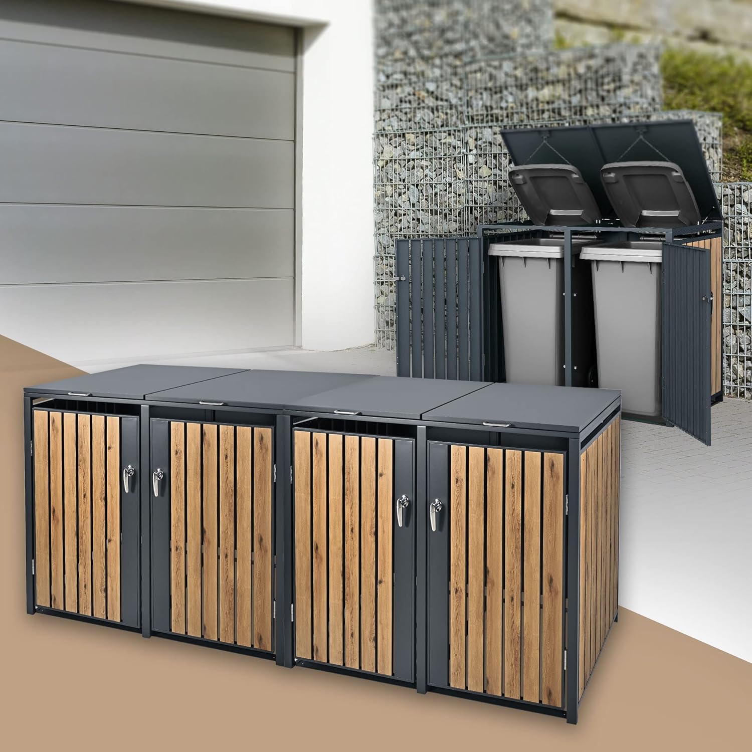 ML-Design Mülltonnenbox 4er 4 Tonnen 240L 264x80x116,3cm Anthrazit-Holzoptik, Stahl, wetterfest/abschließbar Mülltonnenverkleidung Klappdeckel/4 Türen, Müllbox Mülltonnecontainer Mülltonnenabdeckung