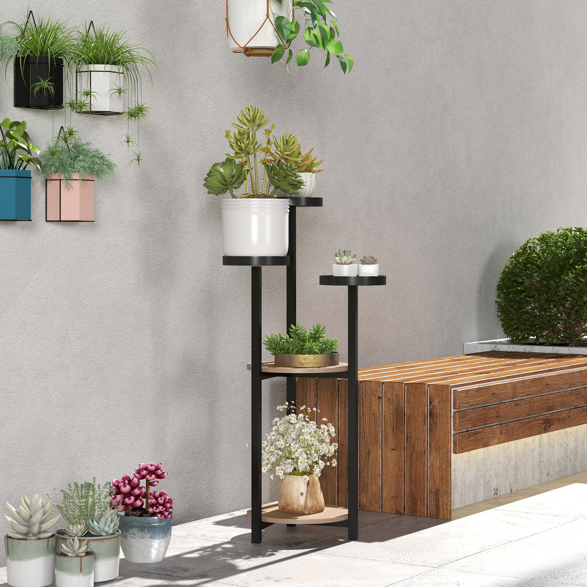 Outsunny Pflanzenregal aus Holz Metall rund Blumenständer 5 Ebenen für Innen- und Außenbereich, dim. 28L x 28W x 87H cm