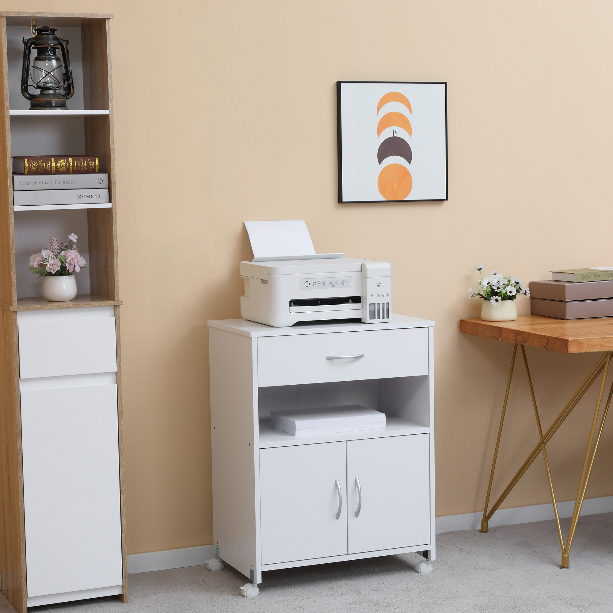 Vinsetto Mobiler Druckerständer mit Schublade, offenes Regal und zweitürigem Schrank, verstellbarem Regal, 60 x 39 x 80 cm, Weiß