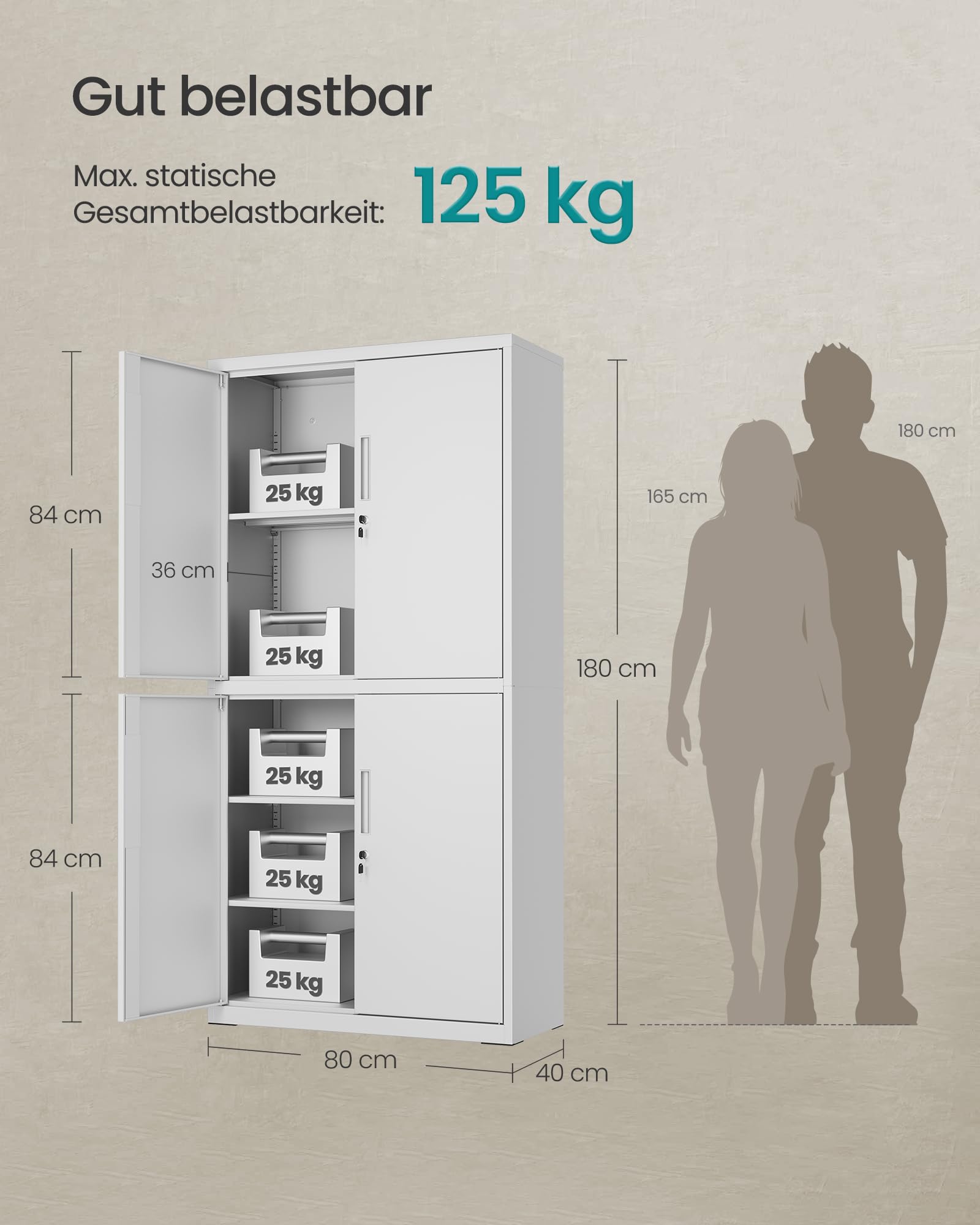 SONGMICS Aktenschrank mit 4 Türen und 5 Ebenen 80,1 x 40,2 x 180 cm viel Stauraum stabile Konstruktion