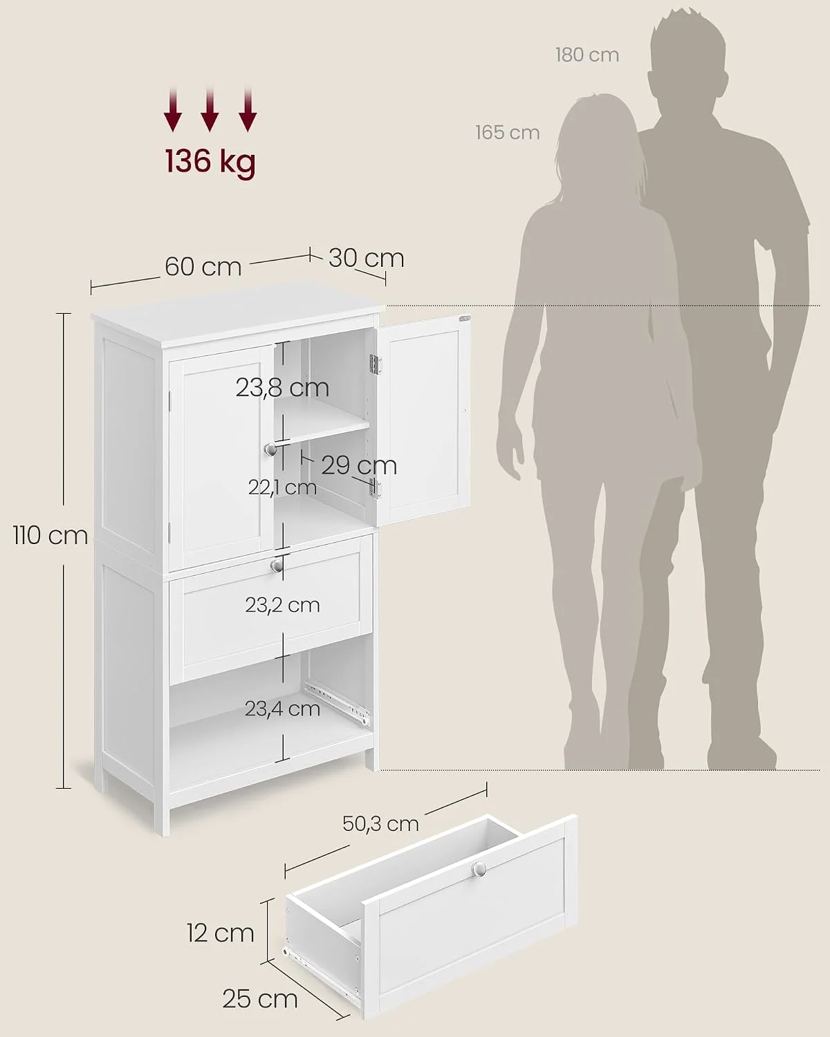 VASAGLE Badezimmerschrank mit Türen und Schubladen