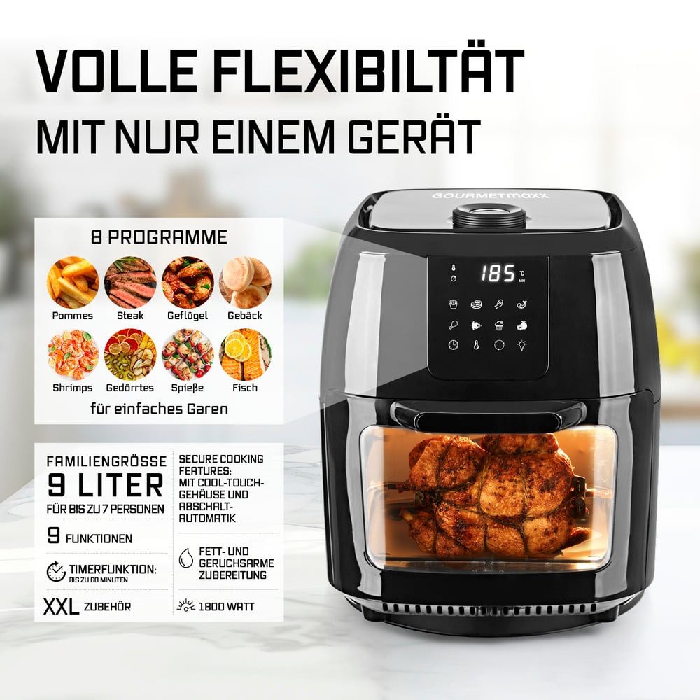 Heißluftfritteuse 9 l Ofen - XXL-Zubehörset mit Drehspieß