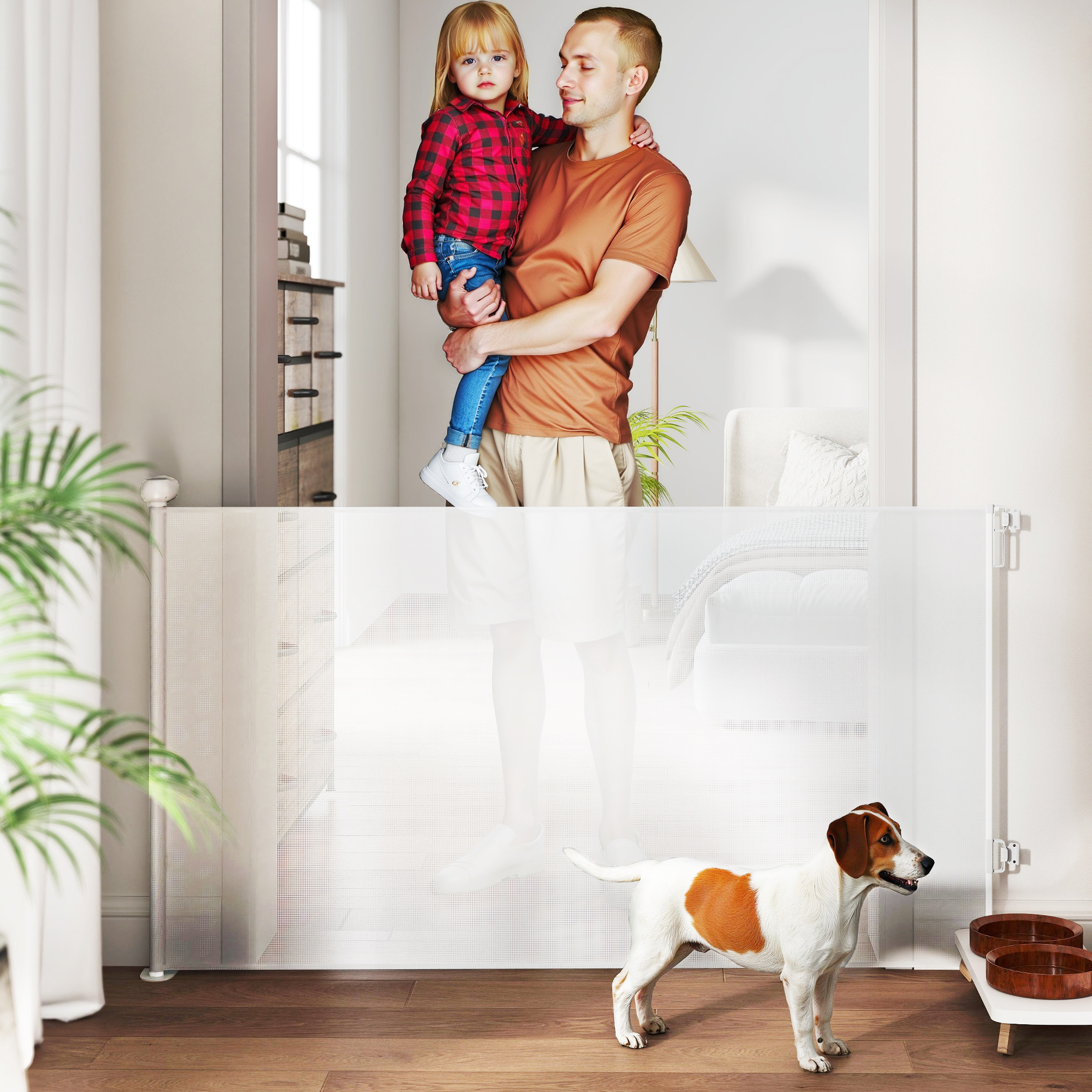 PawHut Ausziehbares Sicherheitstor für Kleine Hunde 0-140x86,5 cm und ausziehbar mit automatischer Verriegelung, Weiß