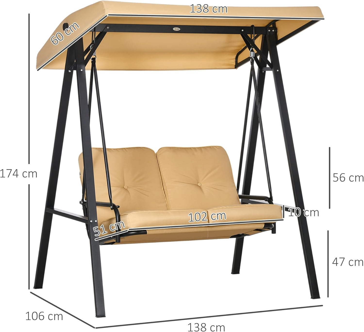 Outsunny Outdoor Swing Chair with Adjustable Canopy and Cushions, 2 Seater Steel and Teslin Fabric Rocking Chair 138 x 106 x 174 cm, Beige