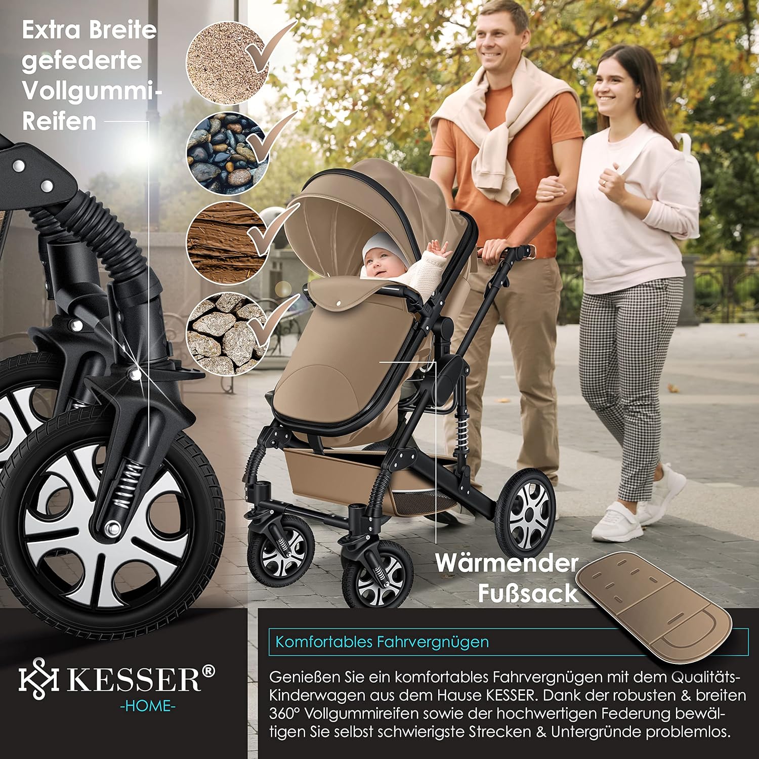 KESSER® Loops 3 in 1 Kinderwagen Kombikinderwagen Komplett-Set inkl. Babywanne & Buggy Sportsitz & Auto-Babyschale Voll-Gummireifen Wickeltasche Regenschutz Kindertisch ECE R129, Schwarz/Schwarz